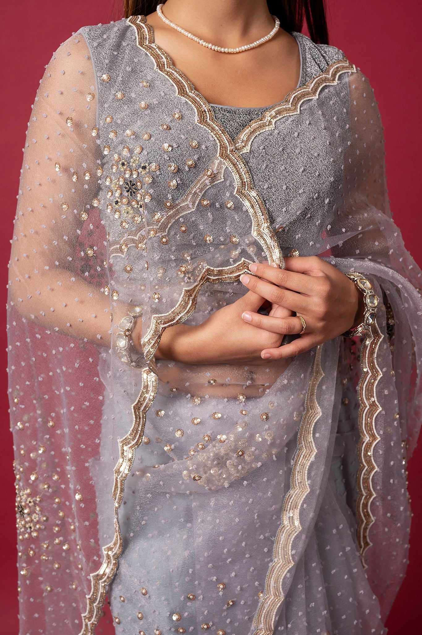 Grey Tissue organza pearl sequins handwork saree
