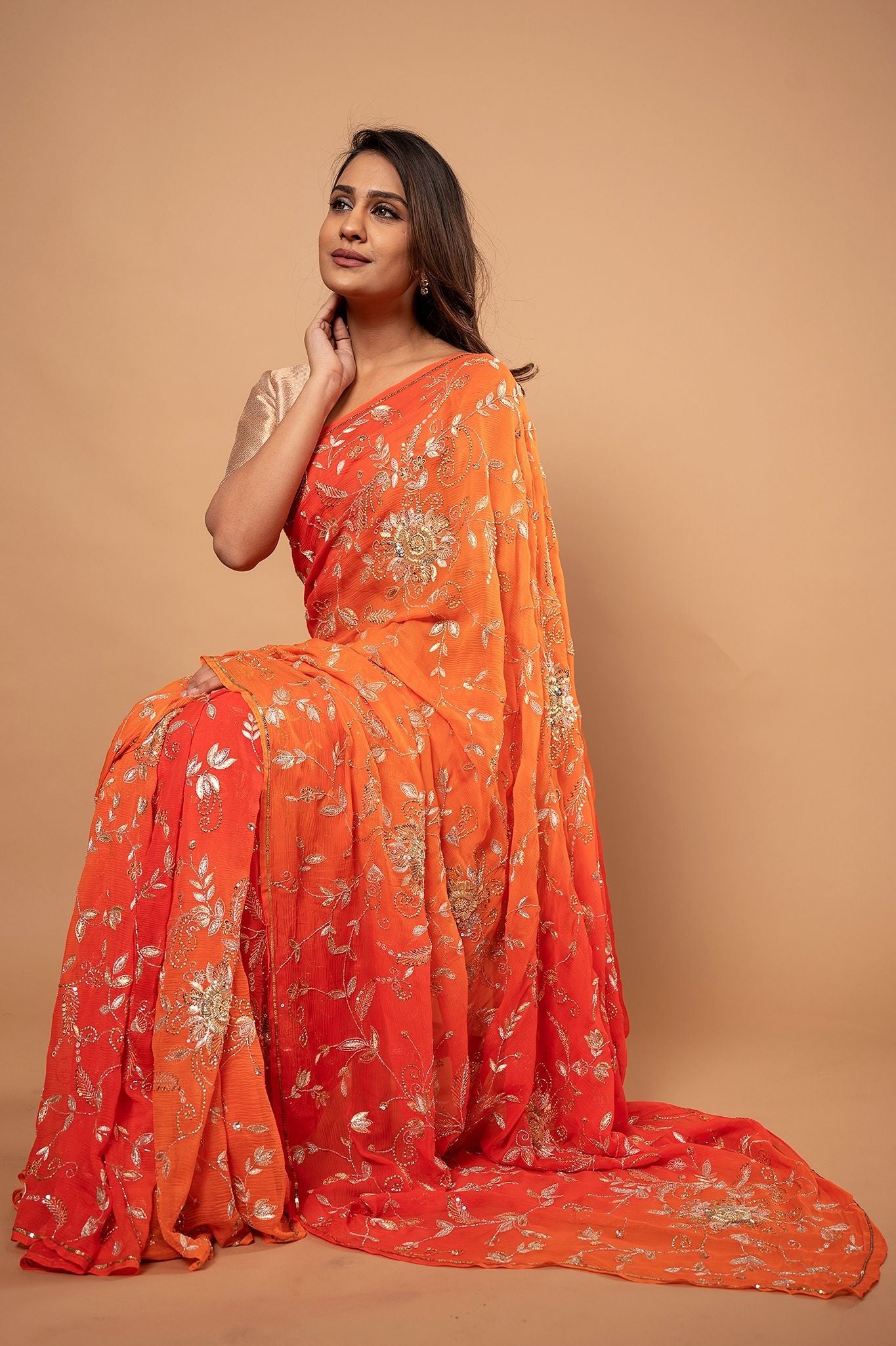 Orange light dark pure chiffon aari sequins zardozi jaal handwork saree