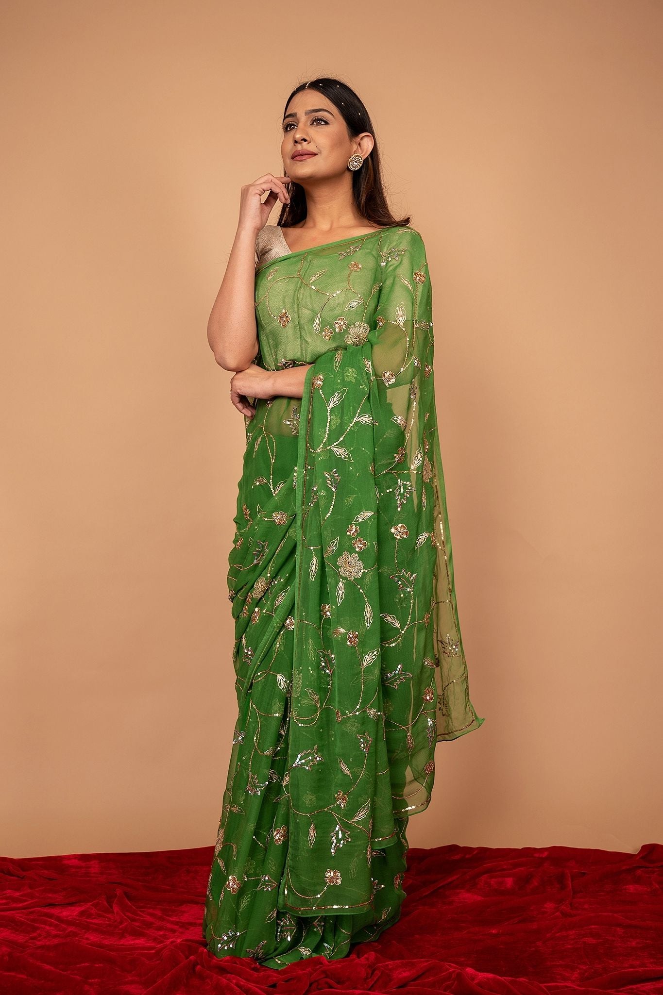 Green Viscose Chiffon Aari sequins Jaal handwork party wear Saree