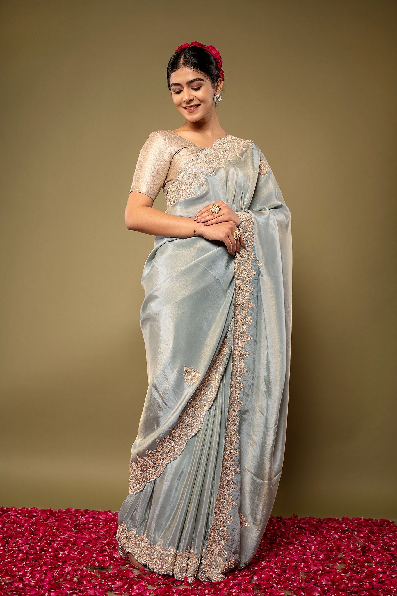 light grey Pure Tissue Resham Gotta pati borderbutti handwork party wear saree