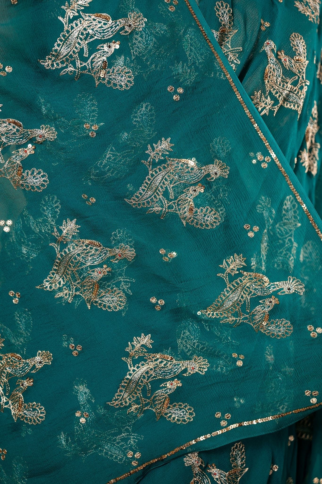 Rama green pure chiffon Aari motif handwork saree