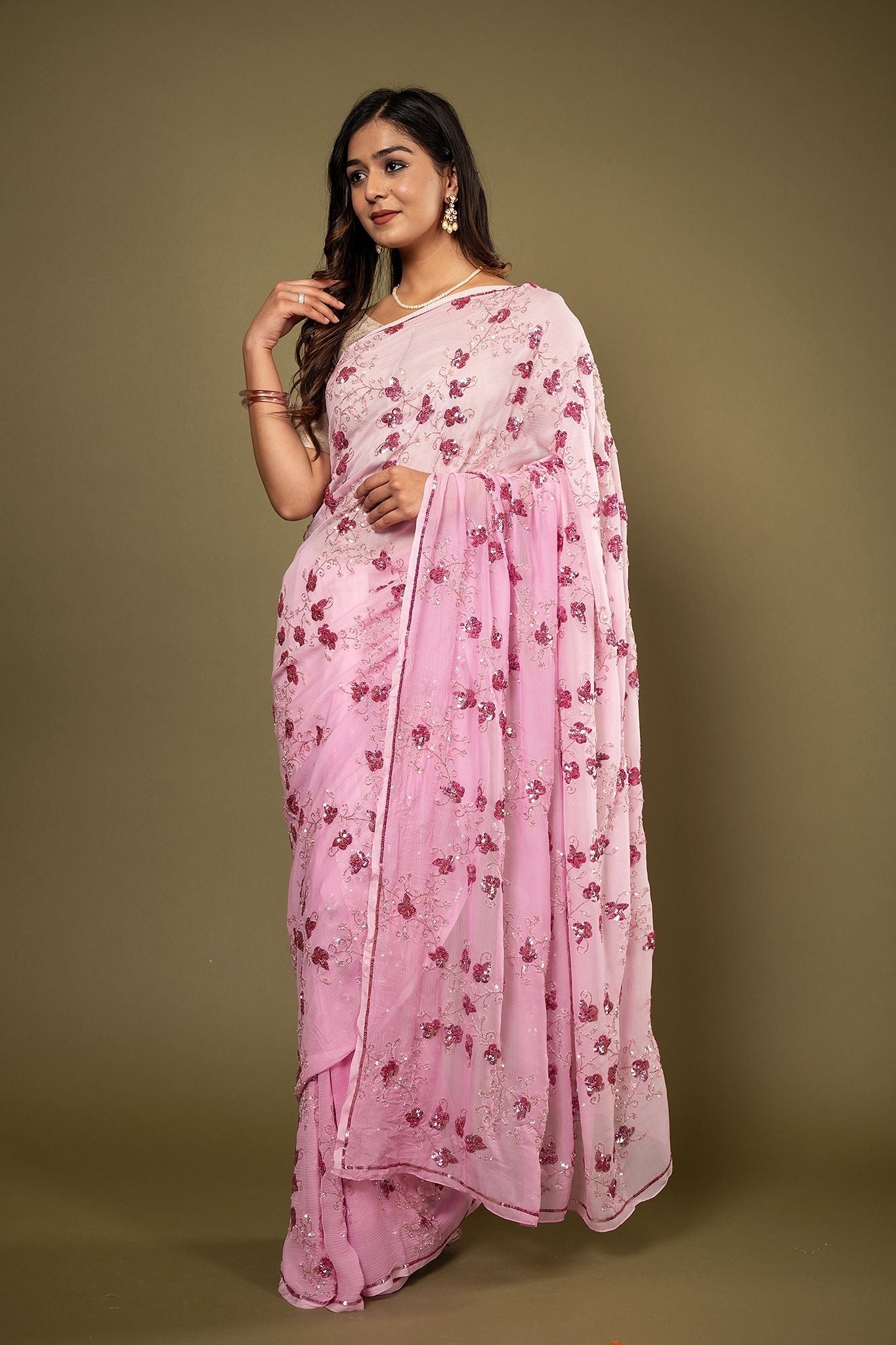 Pink light dark Pure Chiffon sequins kardana jaal handwork saree