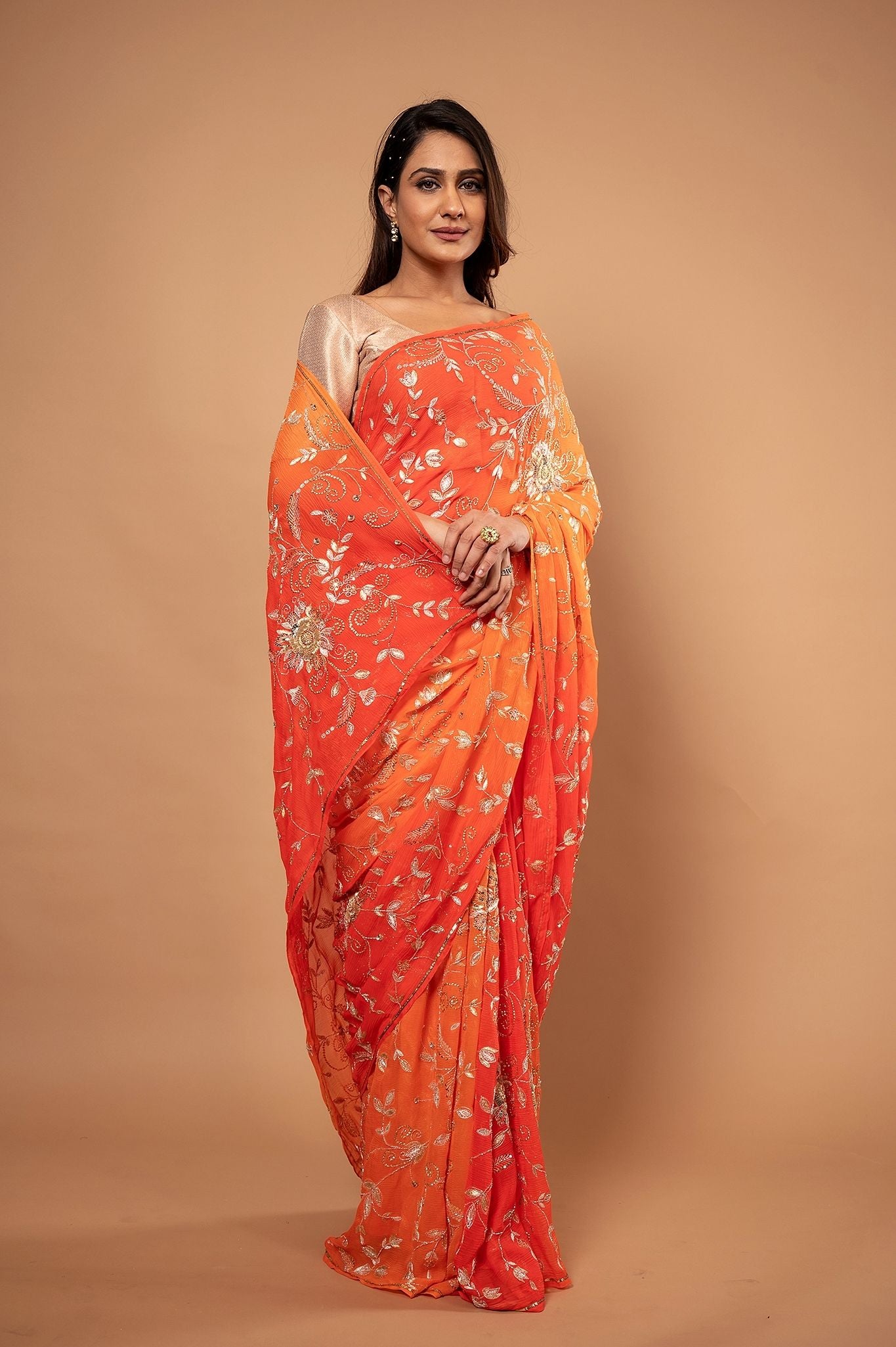 Orange light dark pure chiffon aari sequins zardozi jaal handwork saree