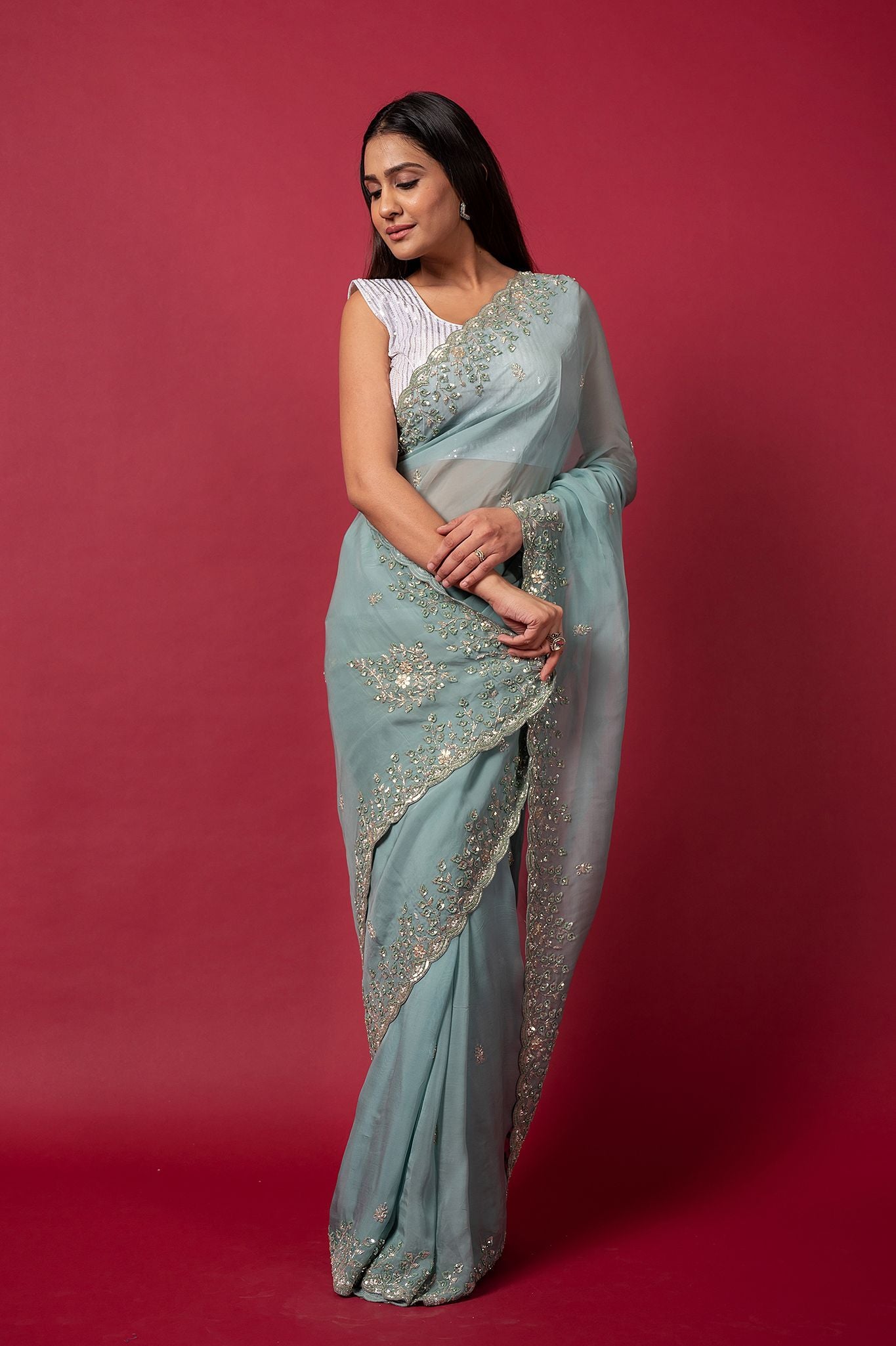 Sea Green Tissue organza sequins kardana handwork saree