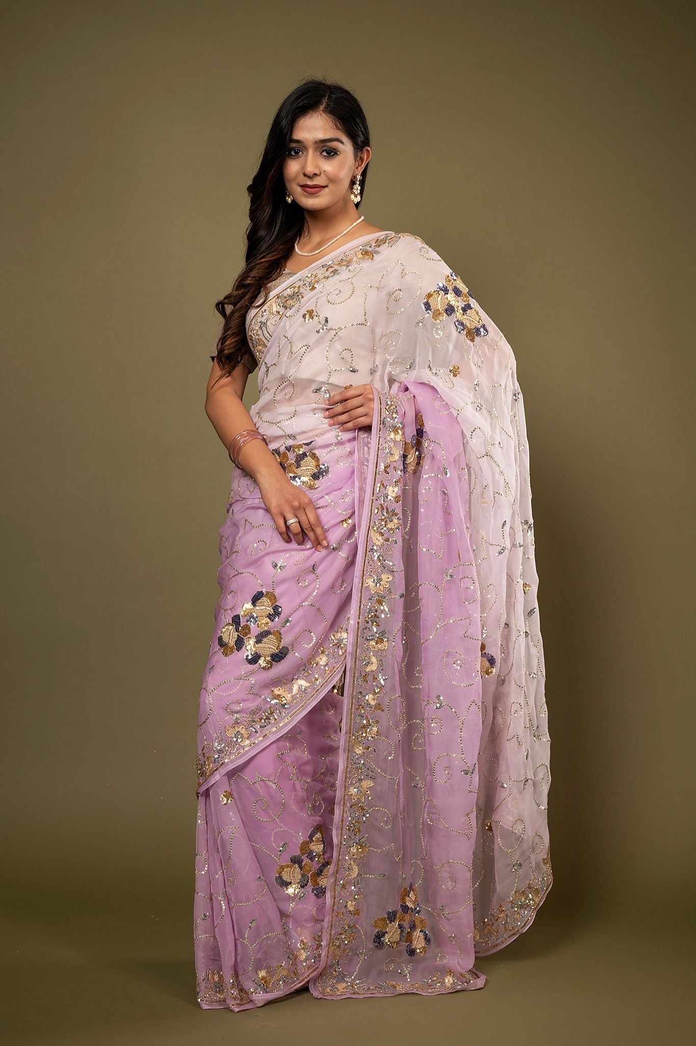 Pink light dark pure chiffon aari sequins zardozi border jaal handwork saree