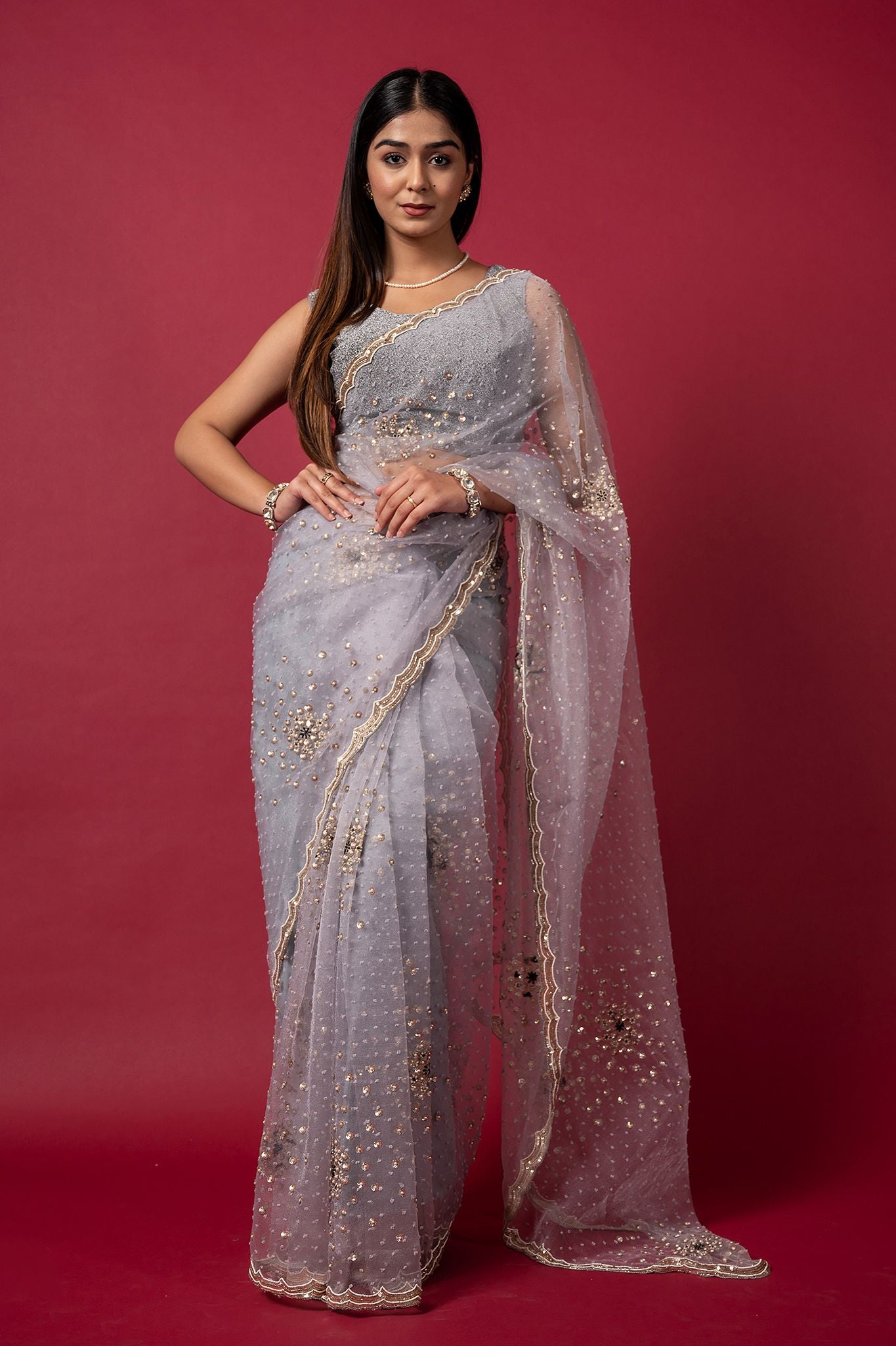 Grey Tissue organza pearl sequins handwork saree