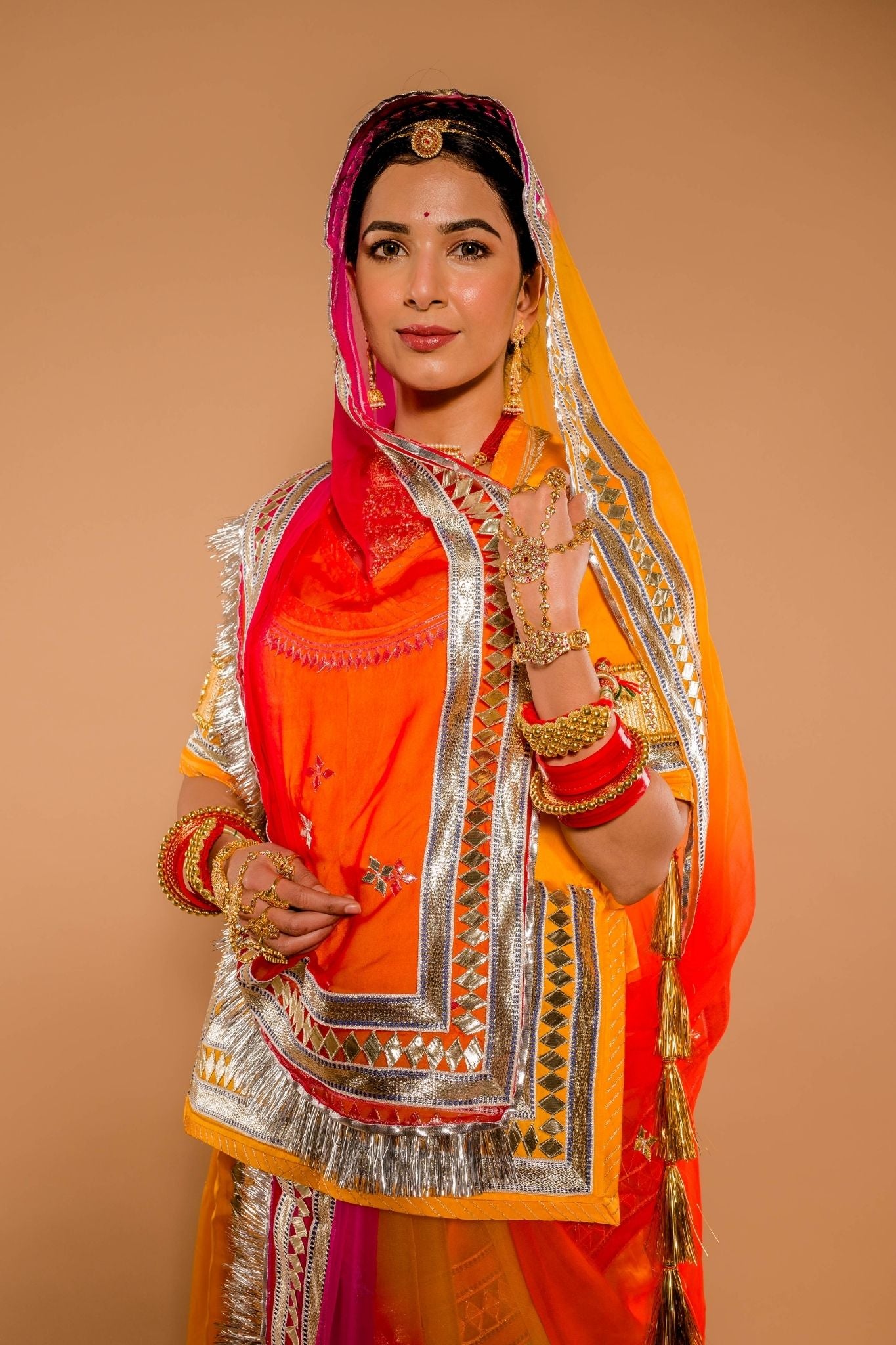 yellow bamber satin laffa gota patti handwork poshak with pure odhna