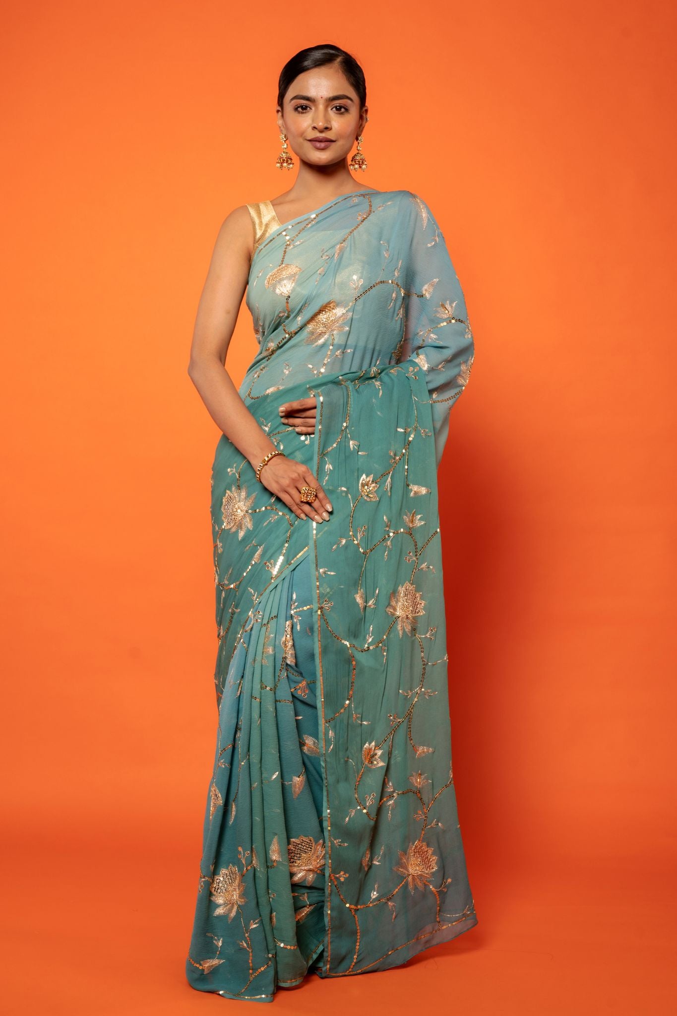 Greyish blue pure chiffon aari sequins jaal handwork saree