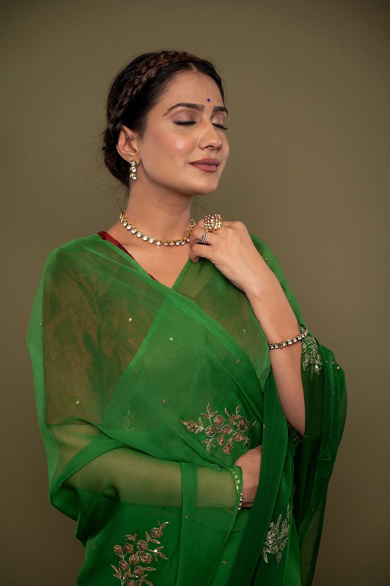 Green viscose chiffon aari sequns handwork saree
