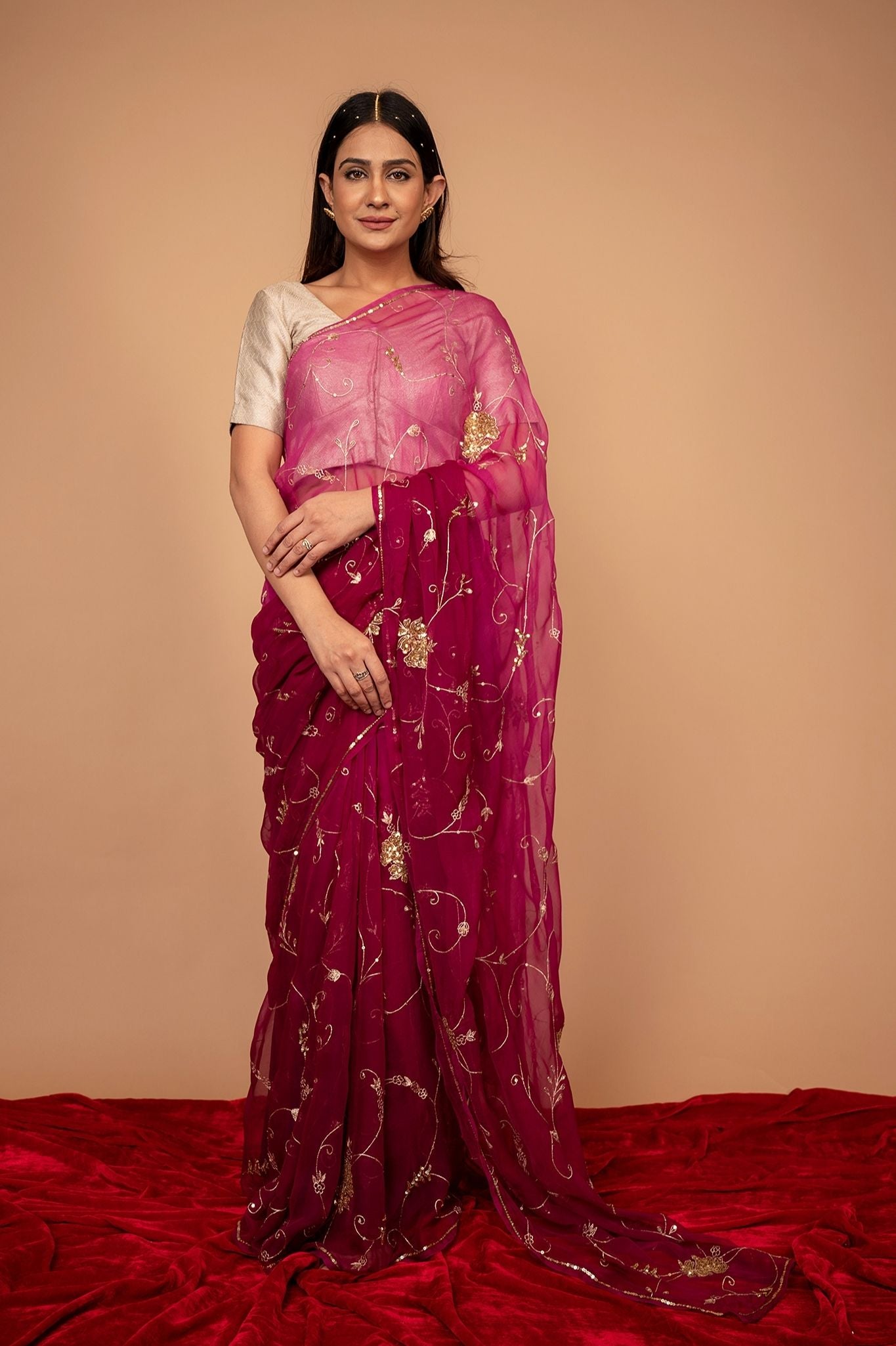 Wine Viscose Chiffon Aari sequins Jaal Handwork party wear Saree