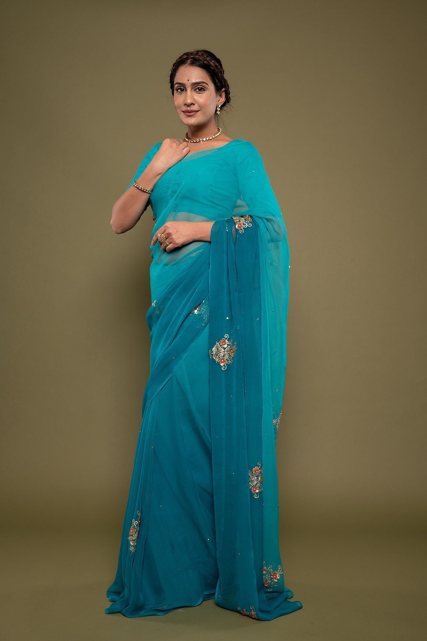 firozi viscose chiffon aari sequns handwork saree
