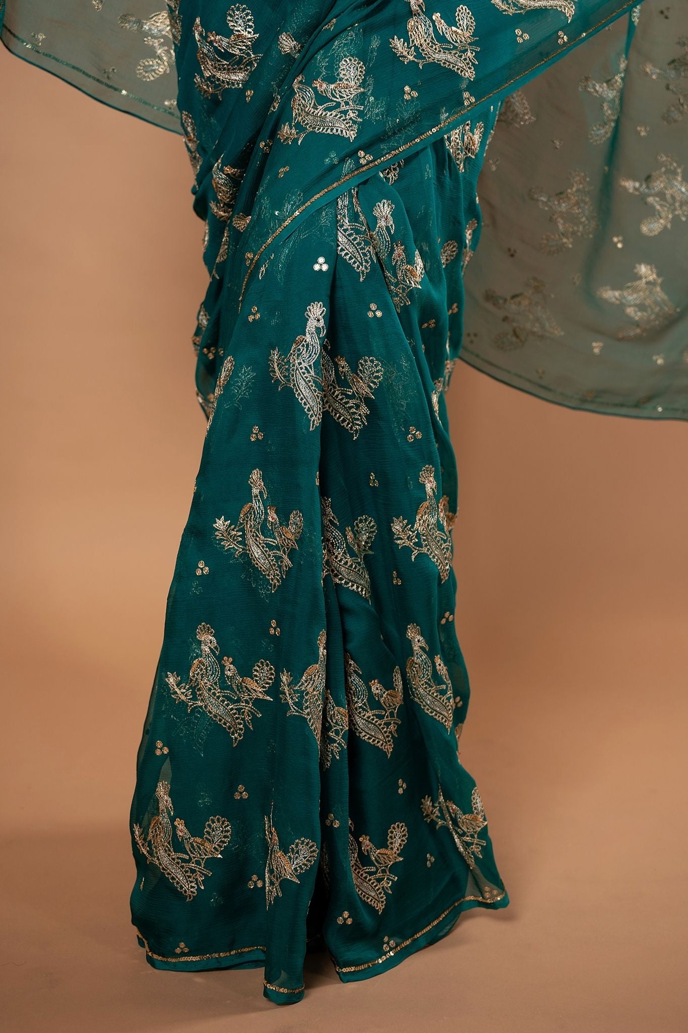 Rama green pure chiffon Aari motif handwork saree