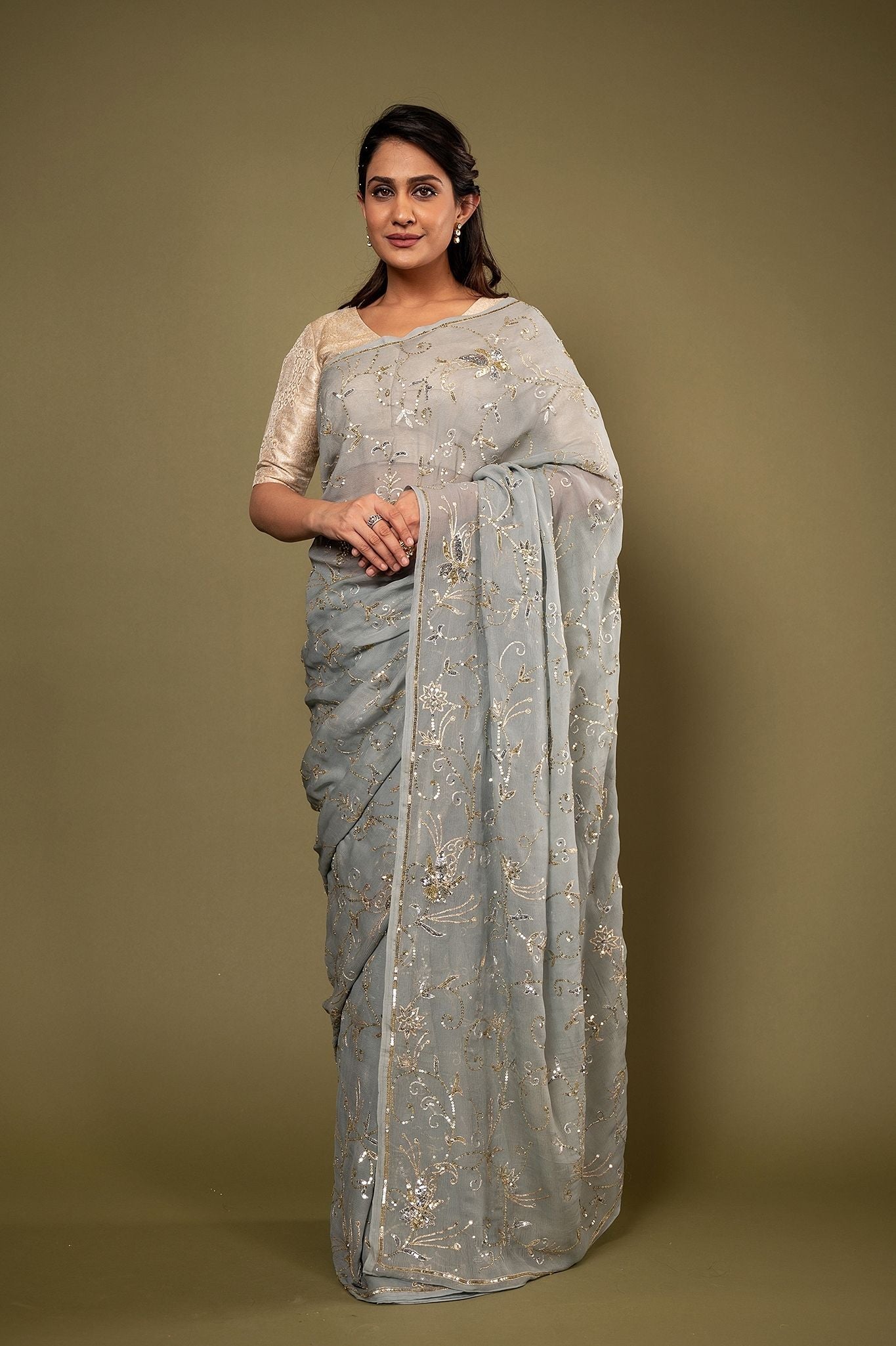 Grey Pure Chiffon aari sequins jaal handwork saree