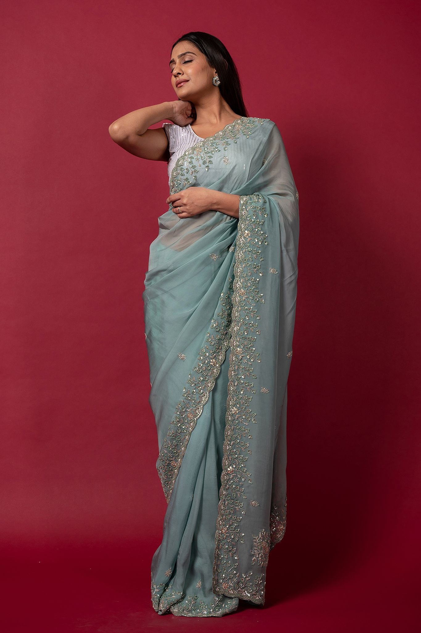 Sea Green Tissue organza sequins kardana handwork saree