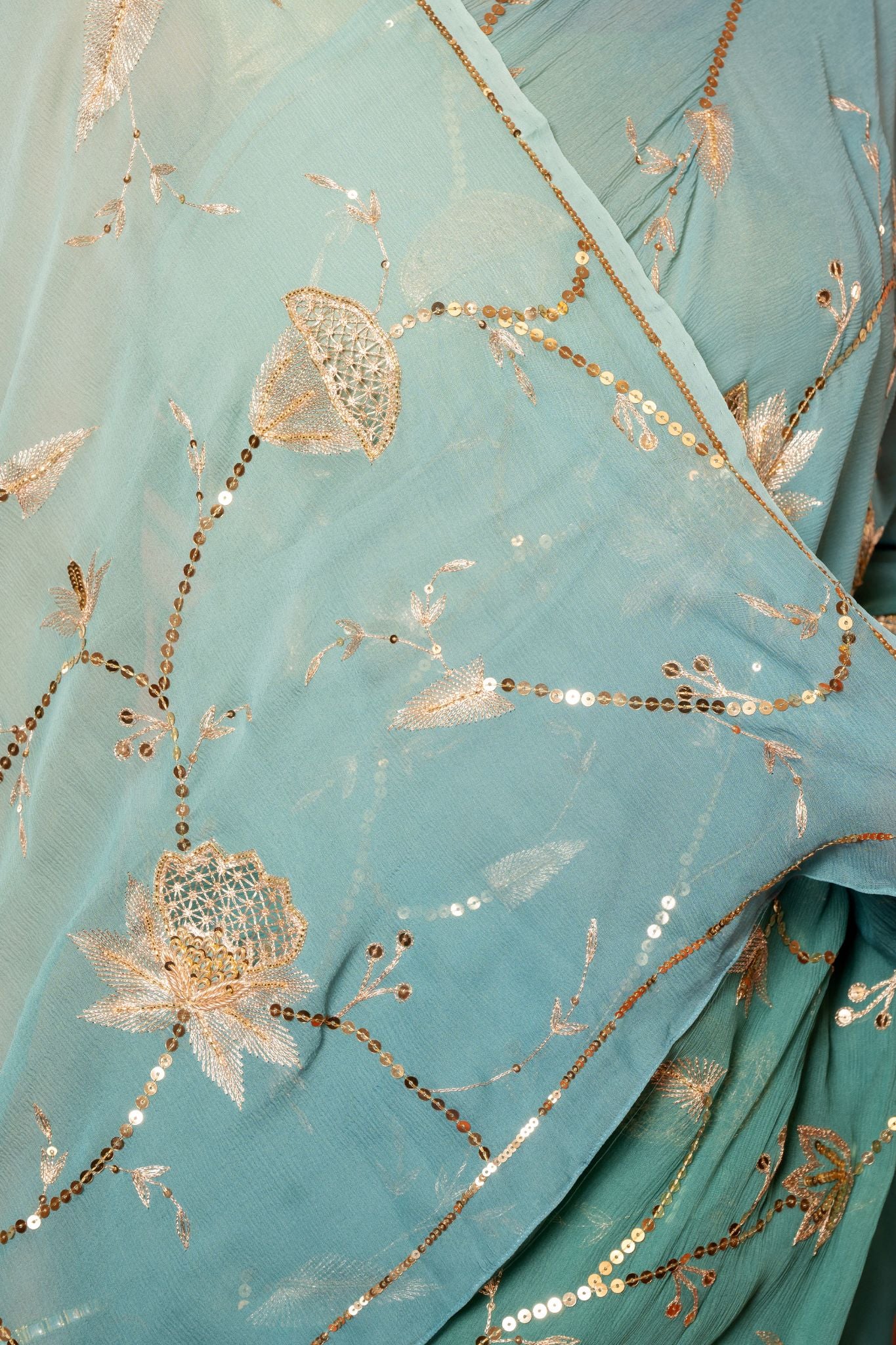 Greyish blue pure chiffon aari sequins jaal handwork saree