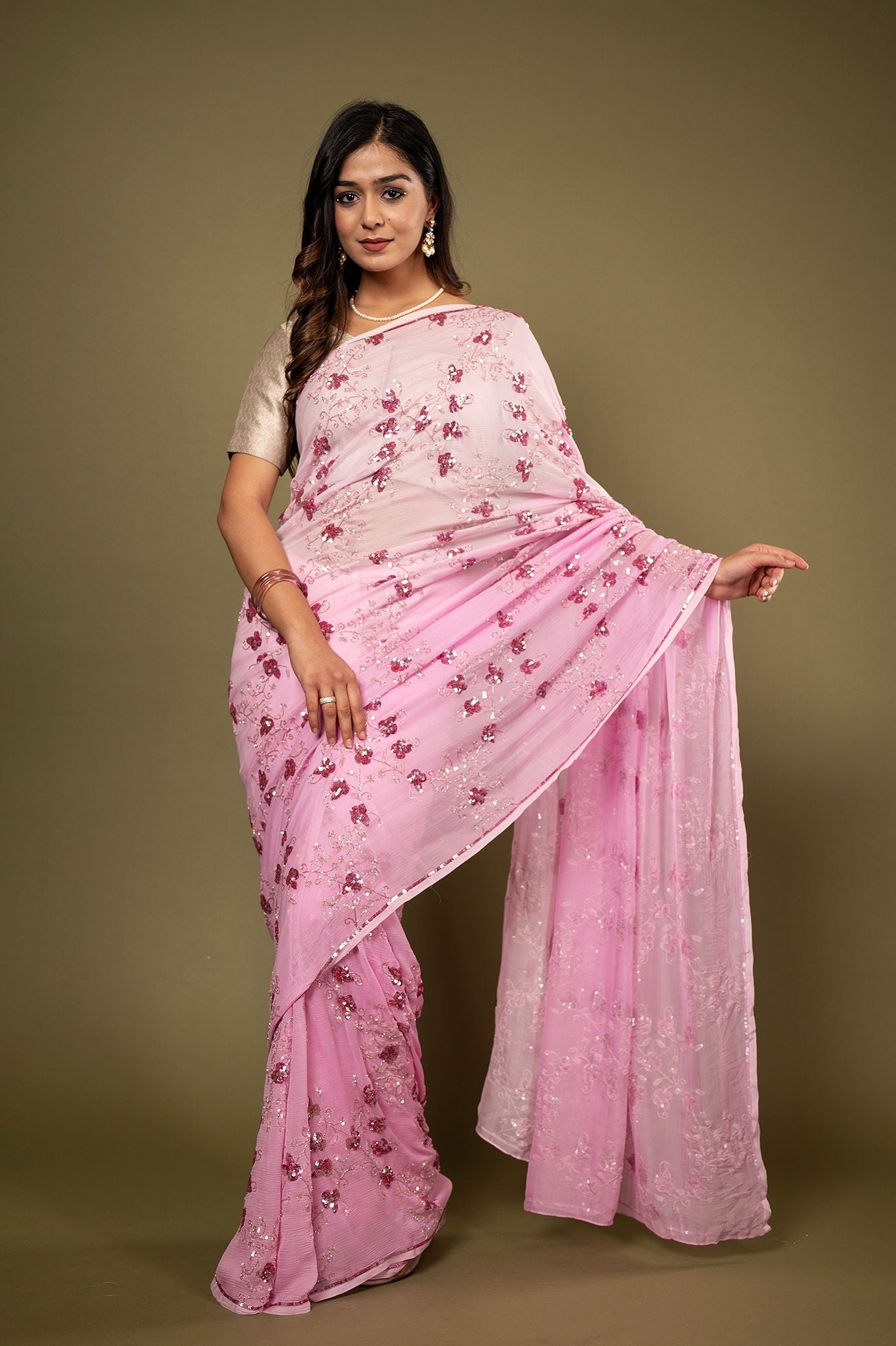 Pink light dark Pure Chiffon sequins kardana jaal handwork saree