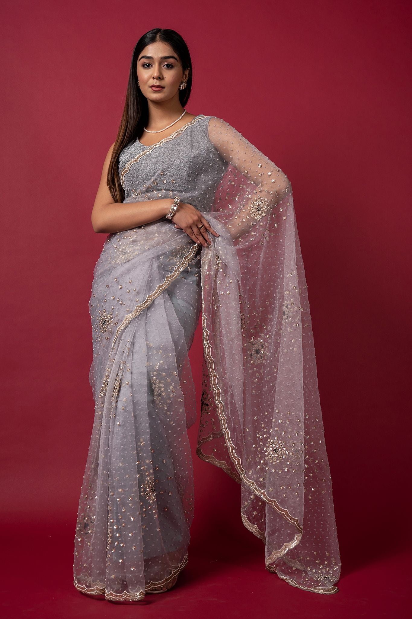 Grey Tissue organza pearl sequins handwork saree