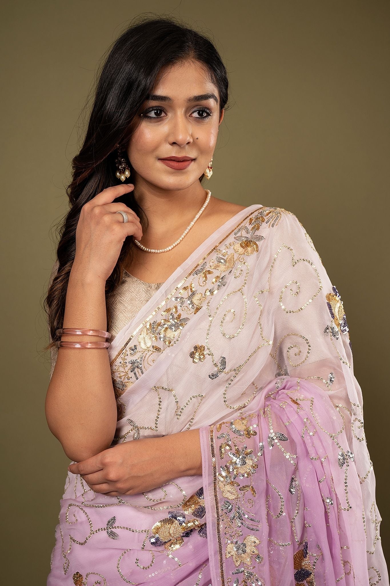 Pink light dark pure chiffon aari sequins zardozi border jaal handwork saree