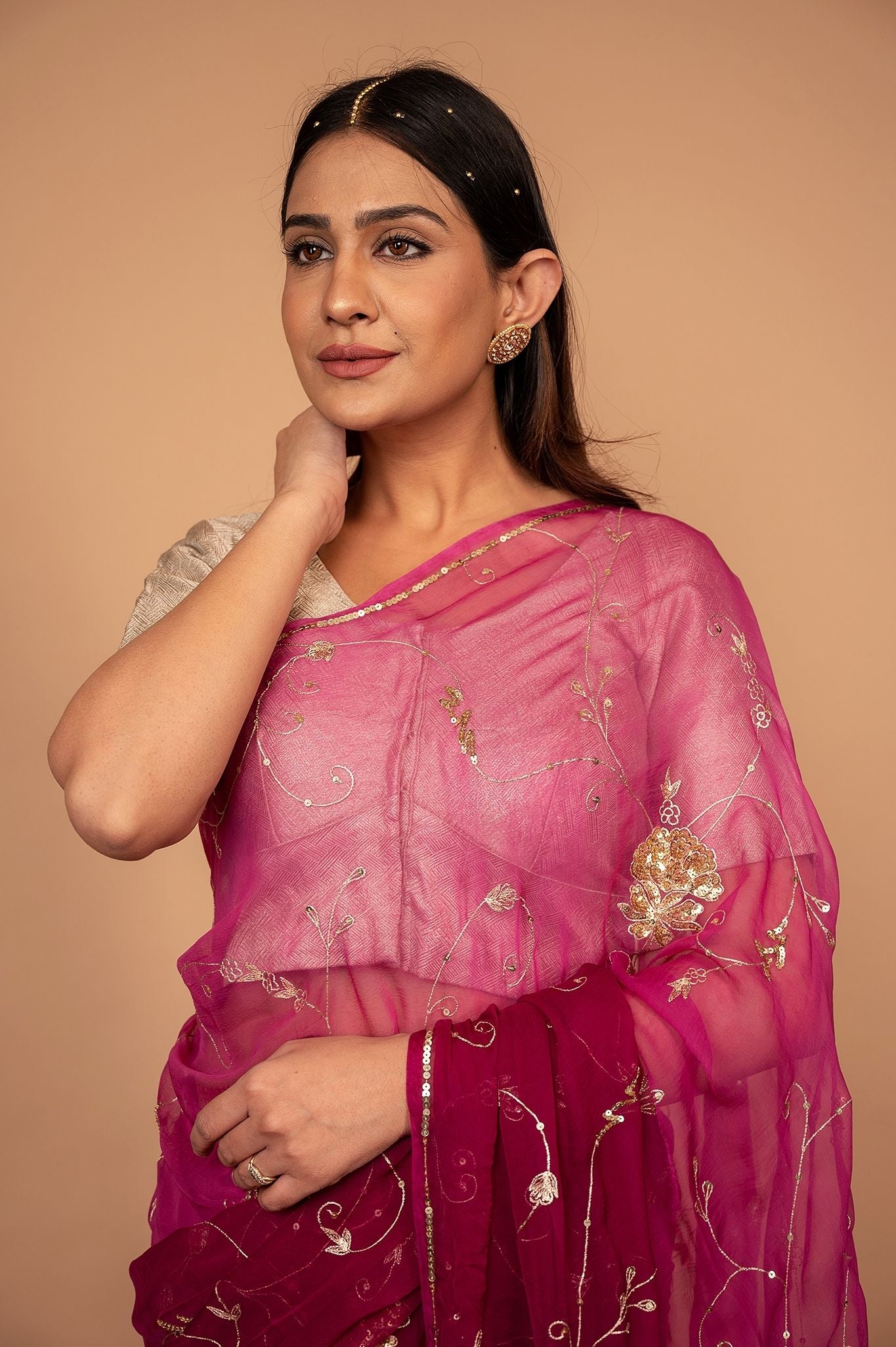 Wine Viscose Chiffon Aari sequins Jaal Handwork party wear Saree