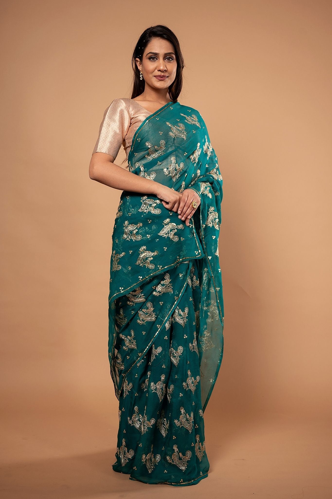 Rama green pure chiffon Aari motif handwork saree