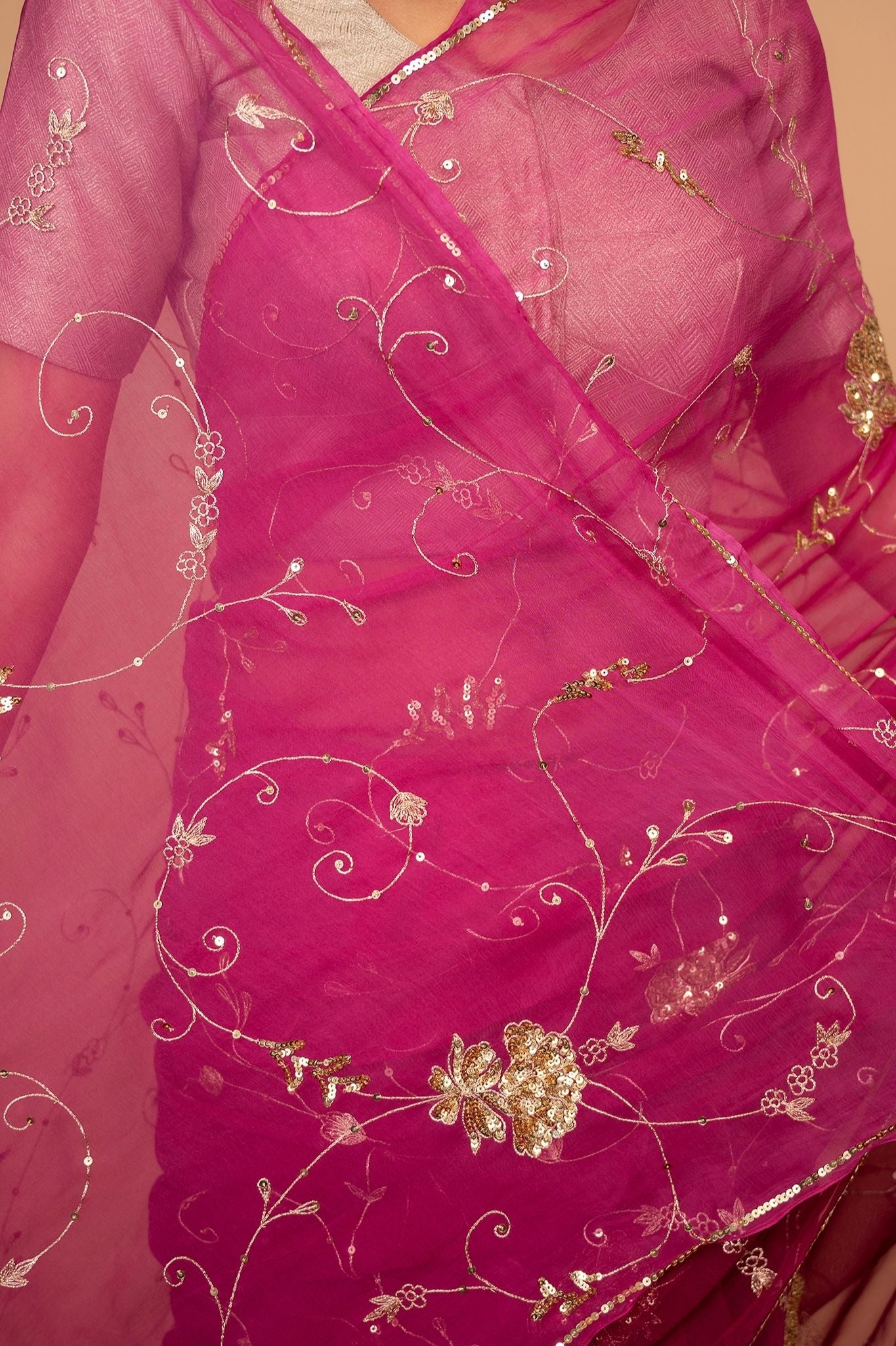 Wine Viscose Chiffon Aari sequins Jaal Handwork party wear Saree