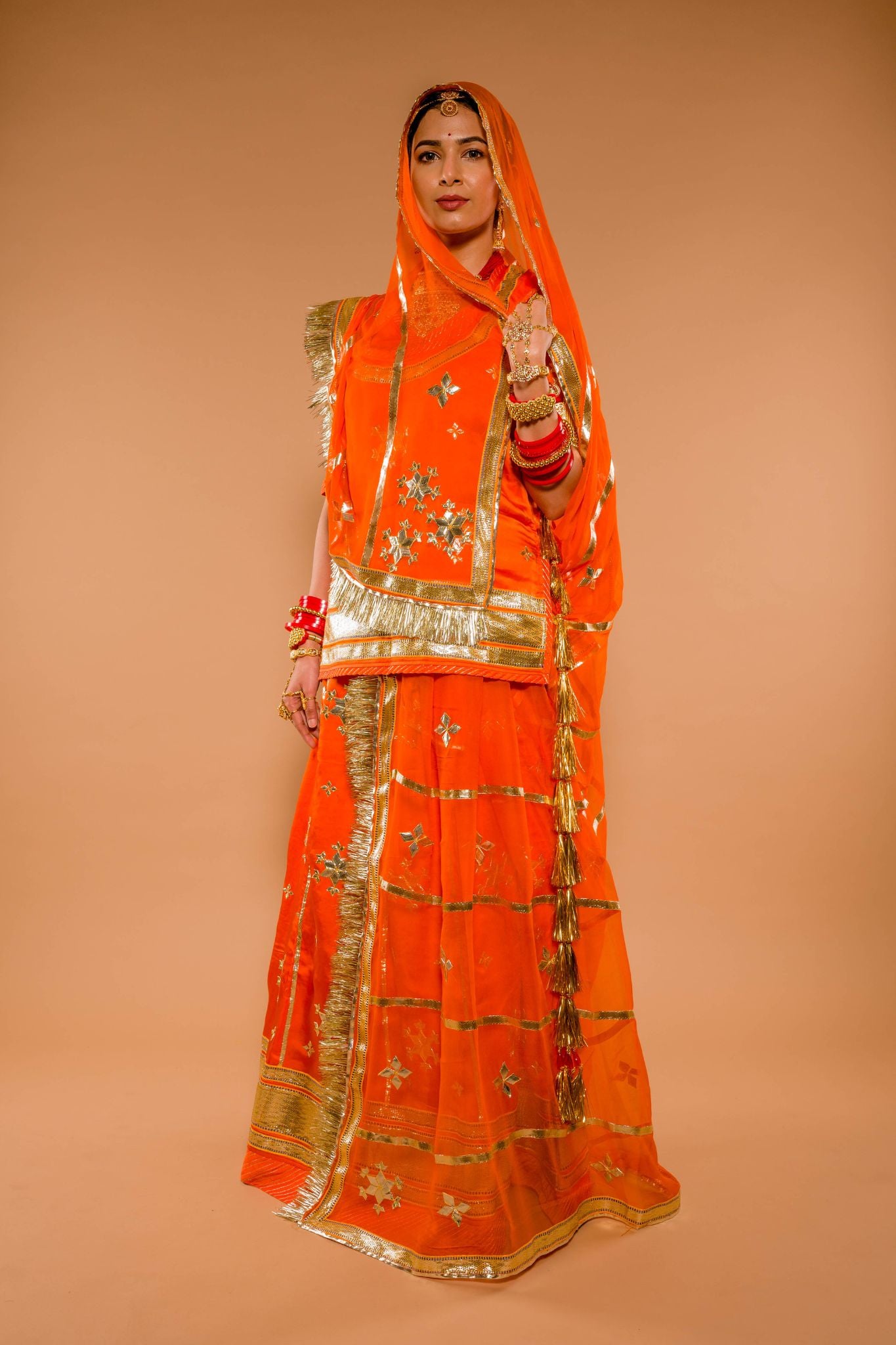 orange bamber satin laffa gota patti handwork poshak with pure odhna