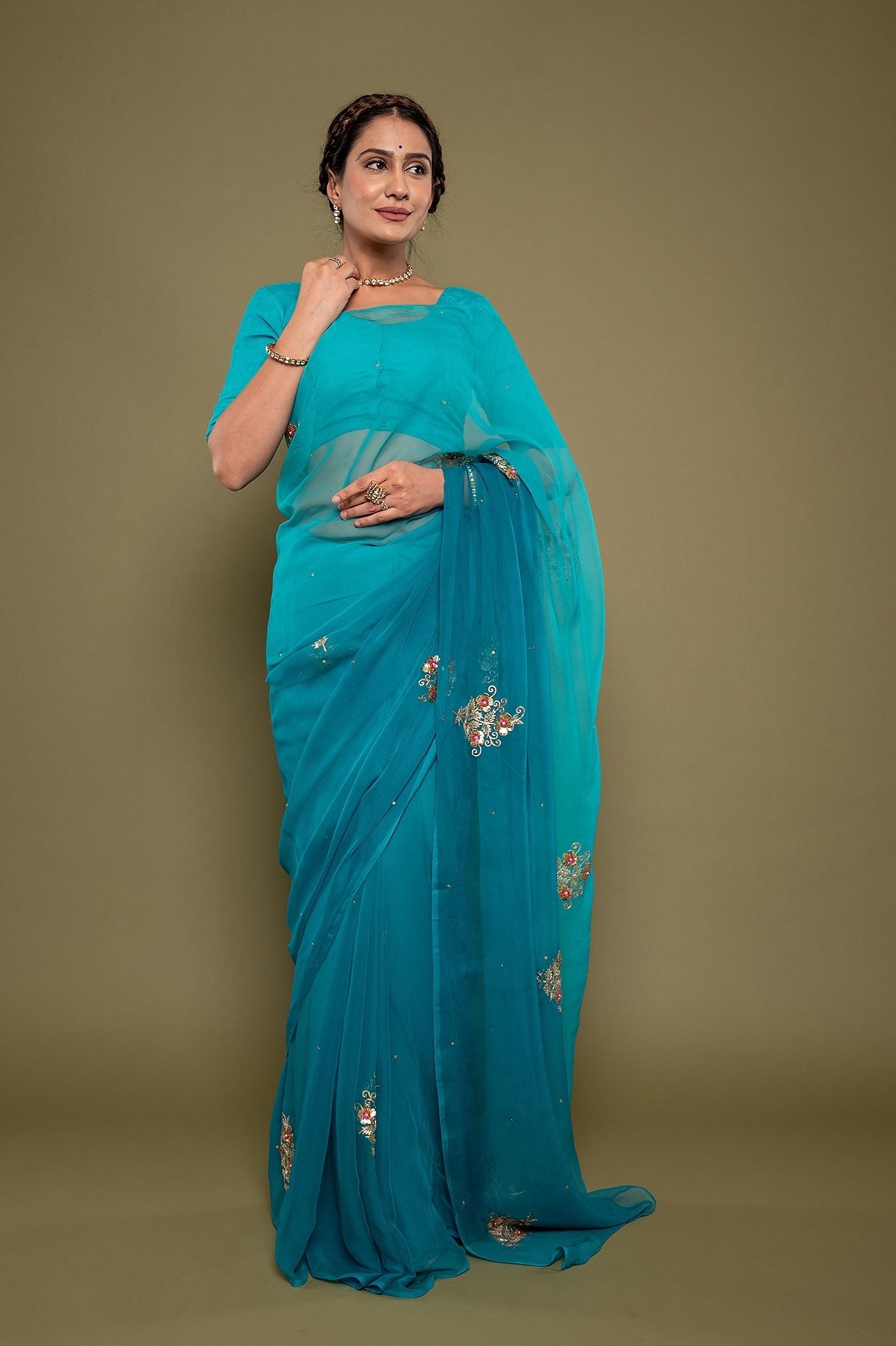 firozi viscose chiffon aari sequns handwork saree