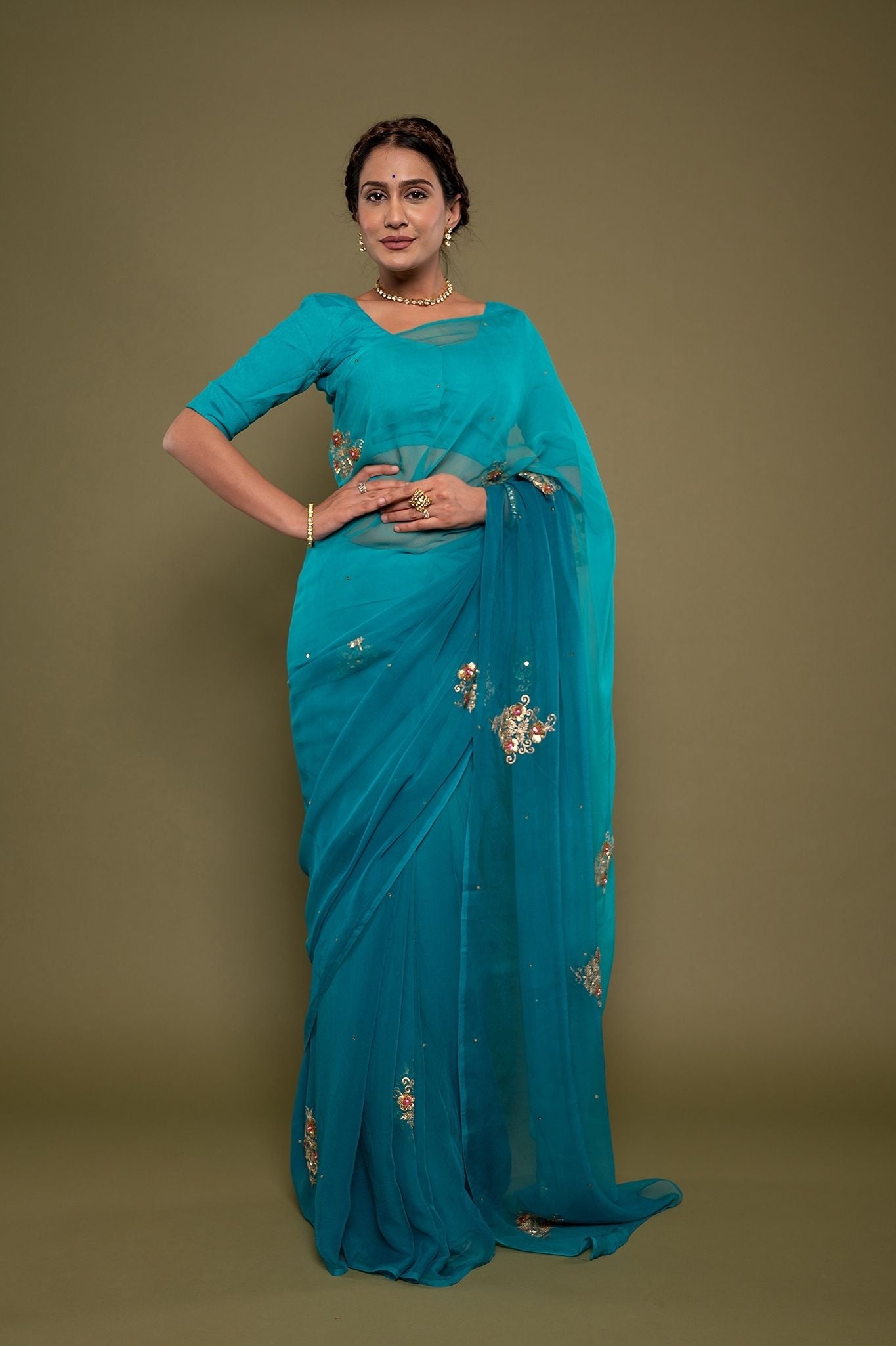 firozi viscose chiffon aari sequns handwork saree