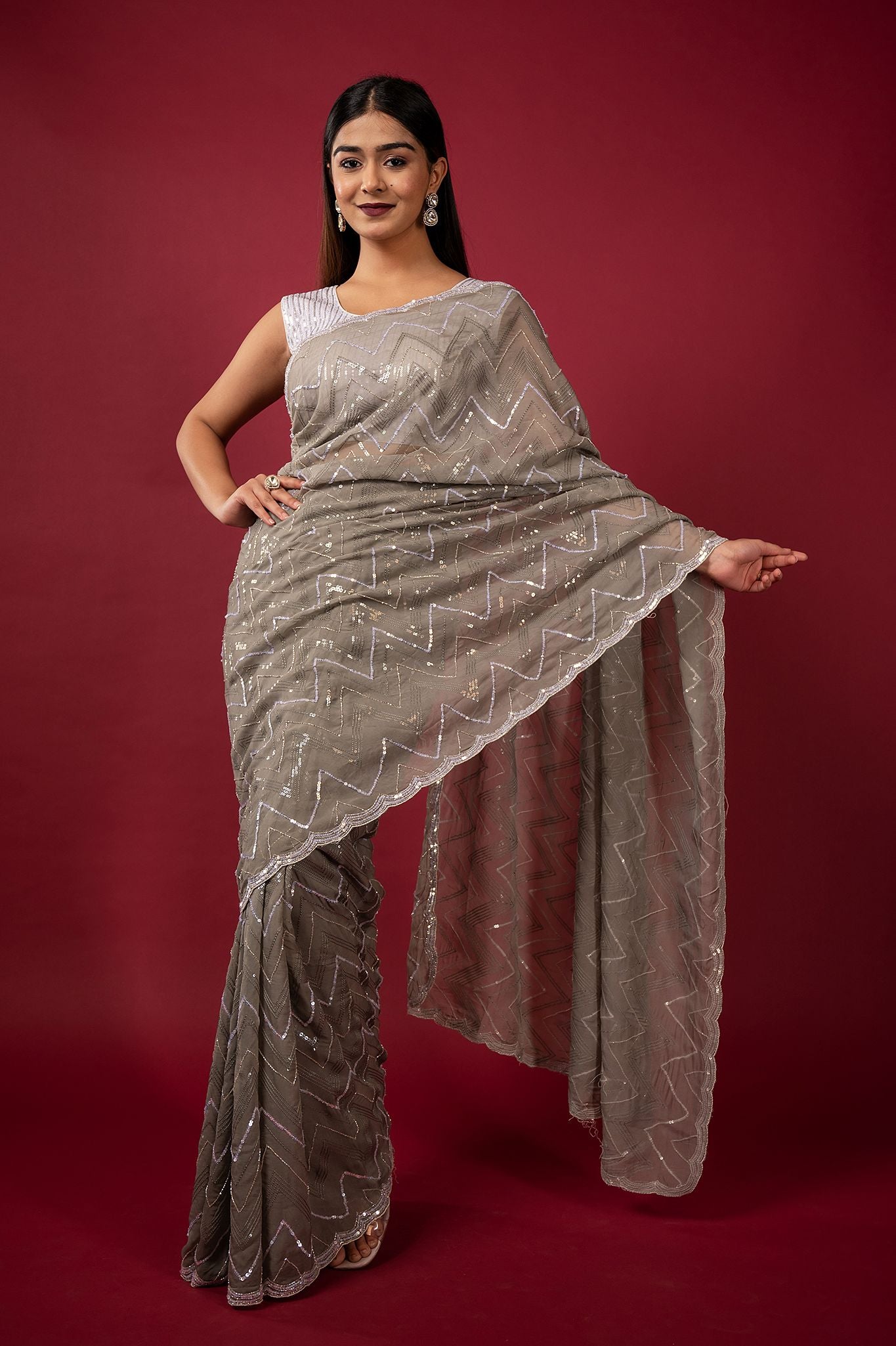 Grey Pure Georgette pearl sequins kardana handwork saree