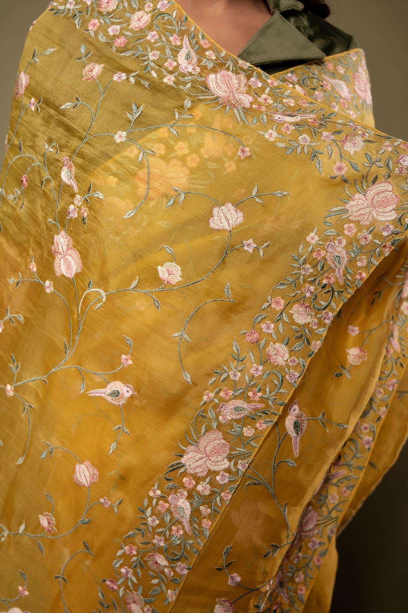 Yellow Organza resham border jaal handwork saree