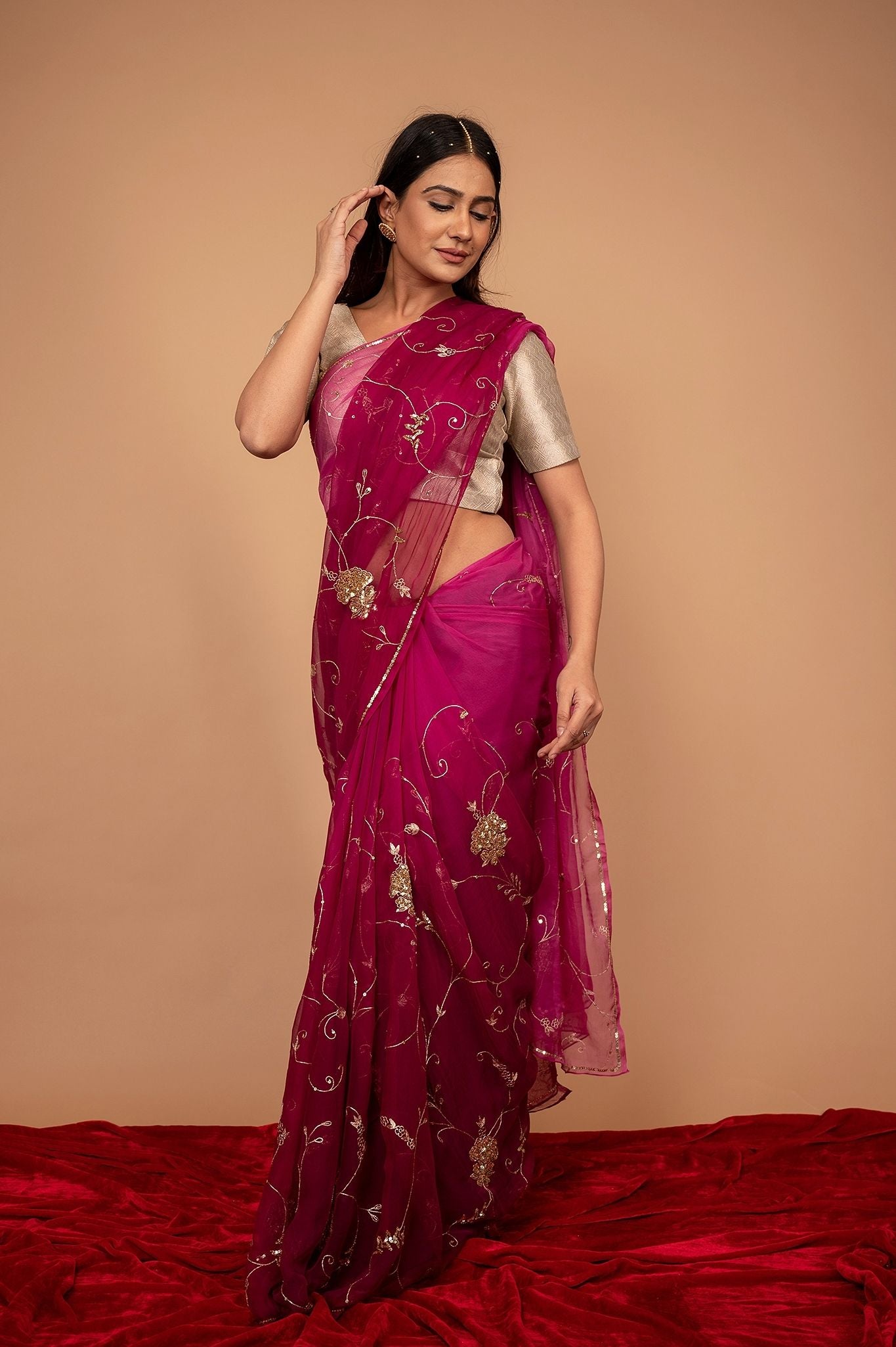 Wine Viscose Chiffon Aari sequins Jaal Handwork party wear Saree