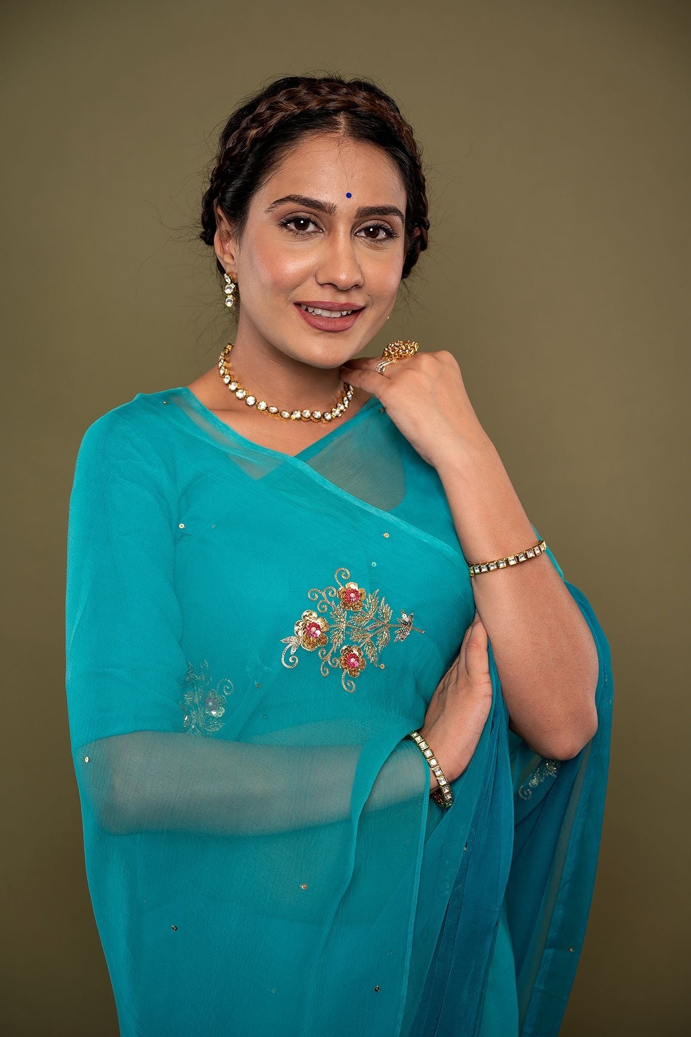 firozi viscose chiffon aari sequns handwork saree