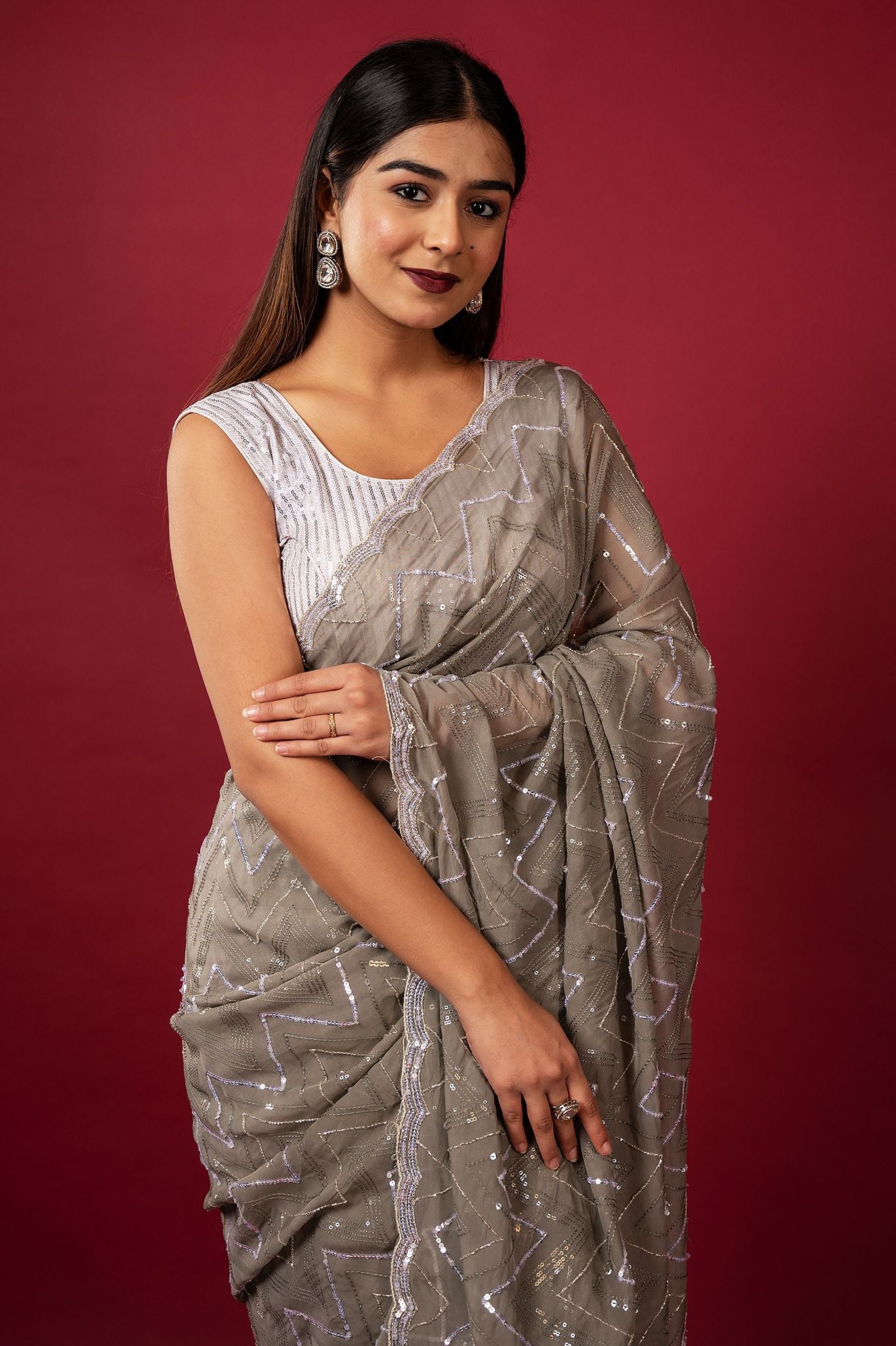 Grey Pure Georgette pearl sequins kardana handwork saree