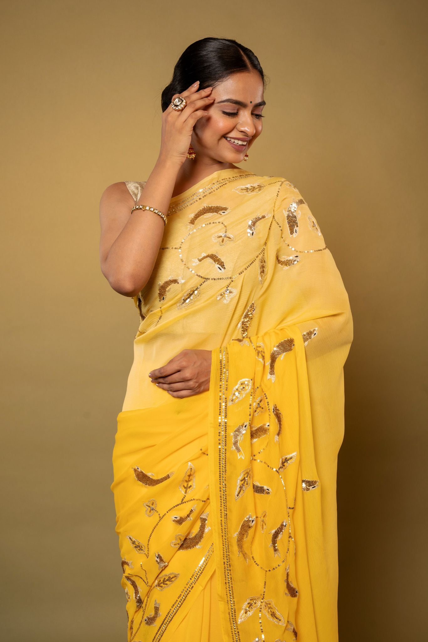 Yellow pure chiffon aari sequins jaal handwork saree