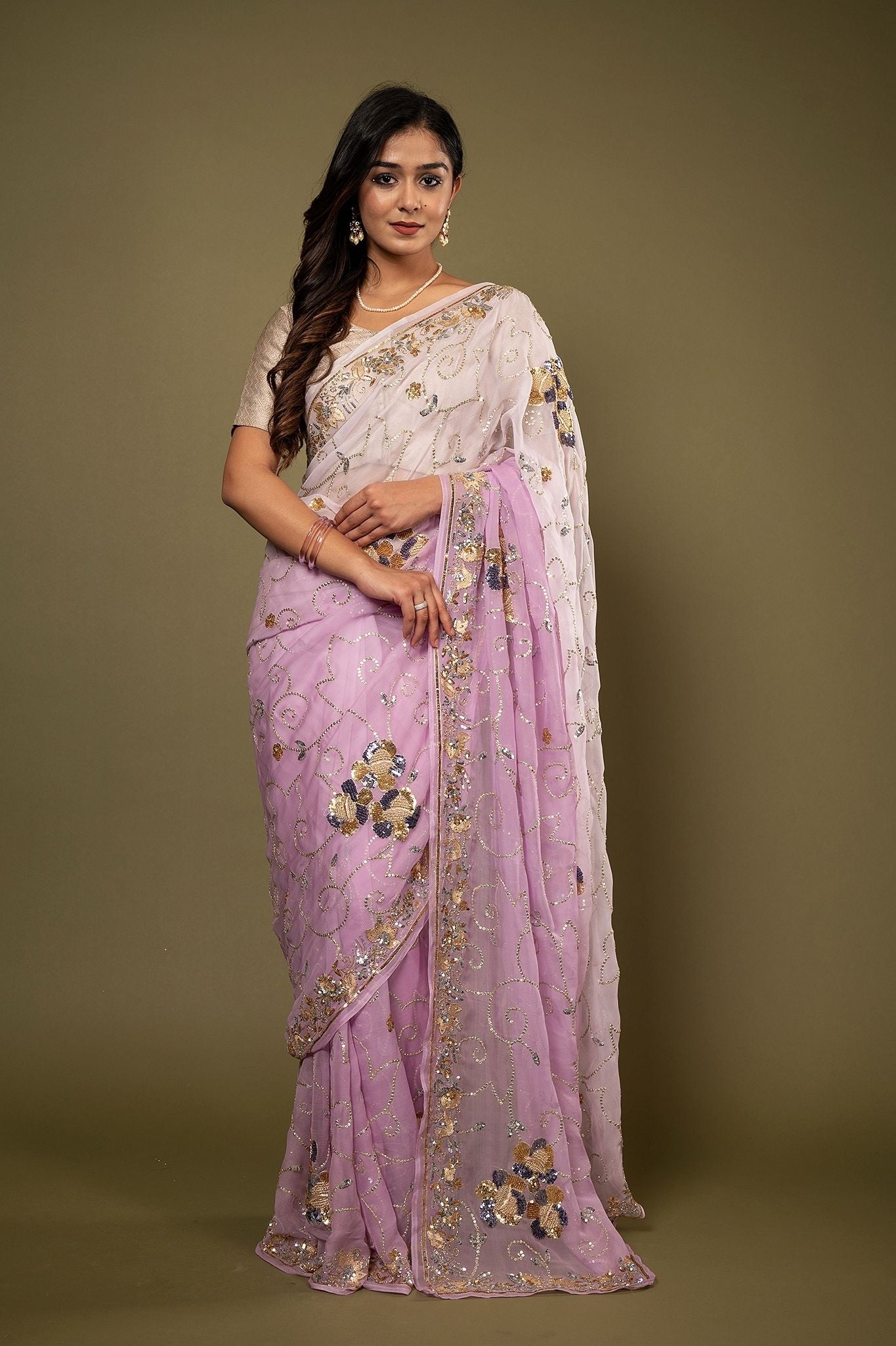 Pink light dark pure chiffon aari sequins zardozi border jaal handwork saree