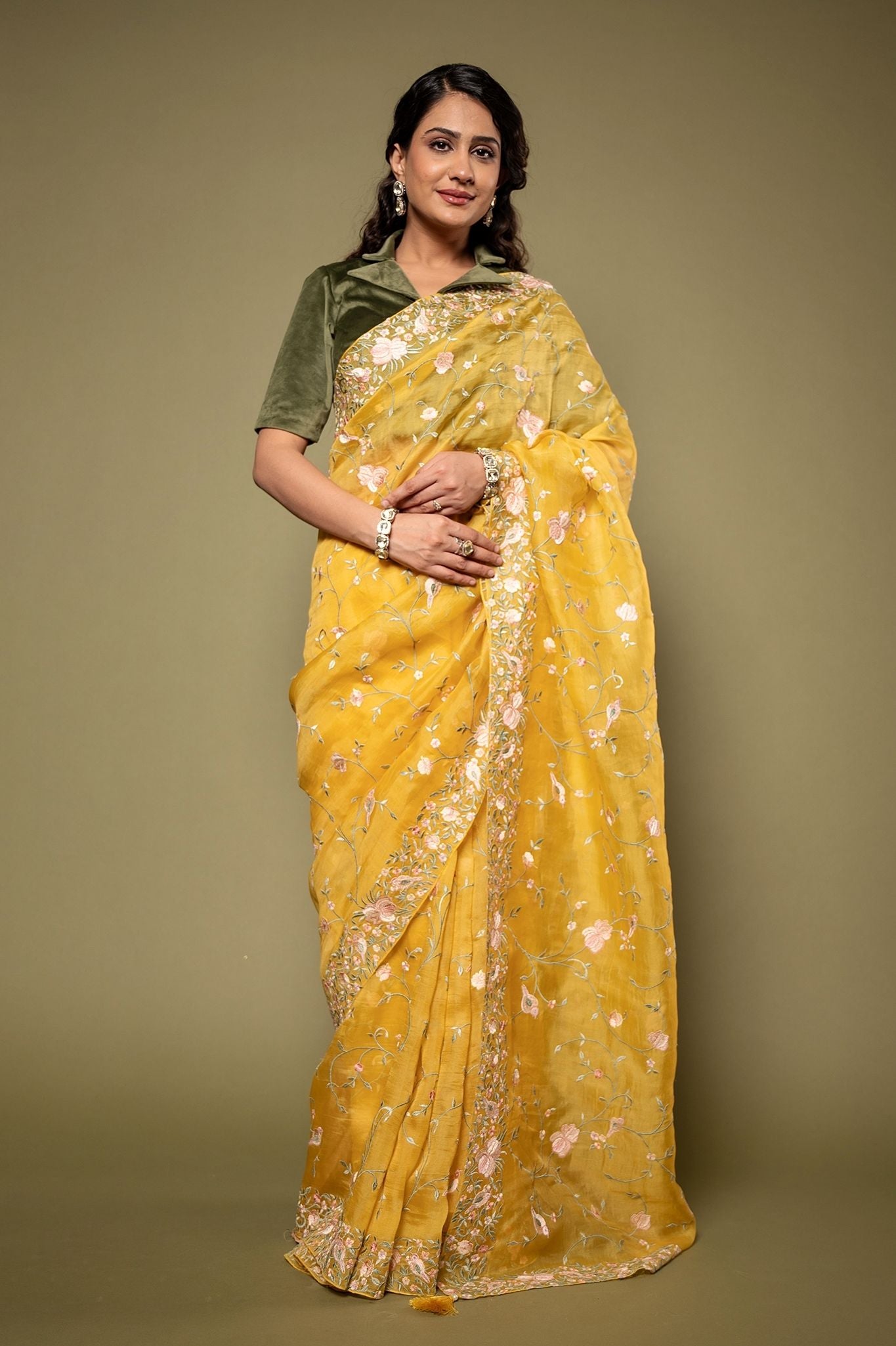 Yellow Organza resham border jaal handwork saree