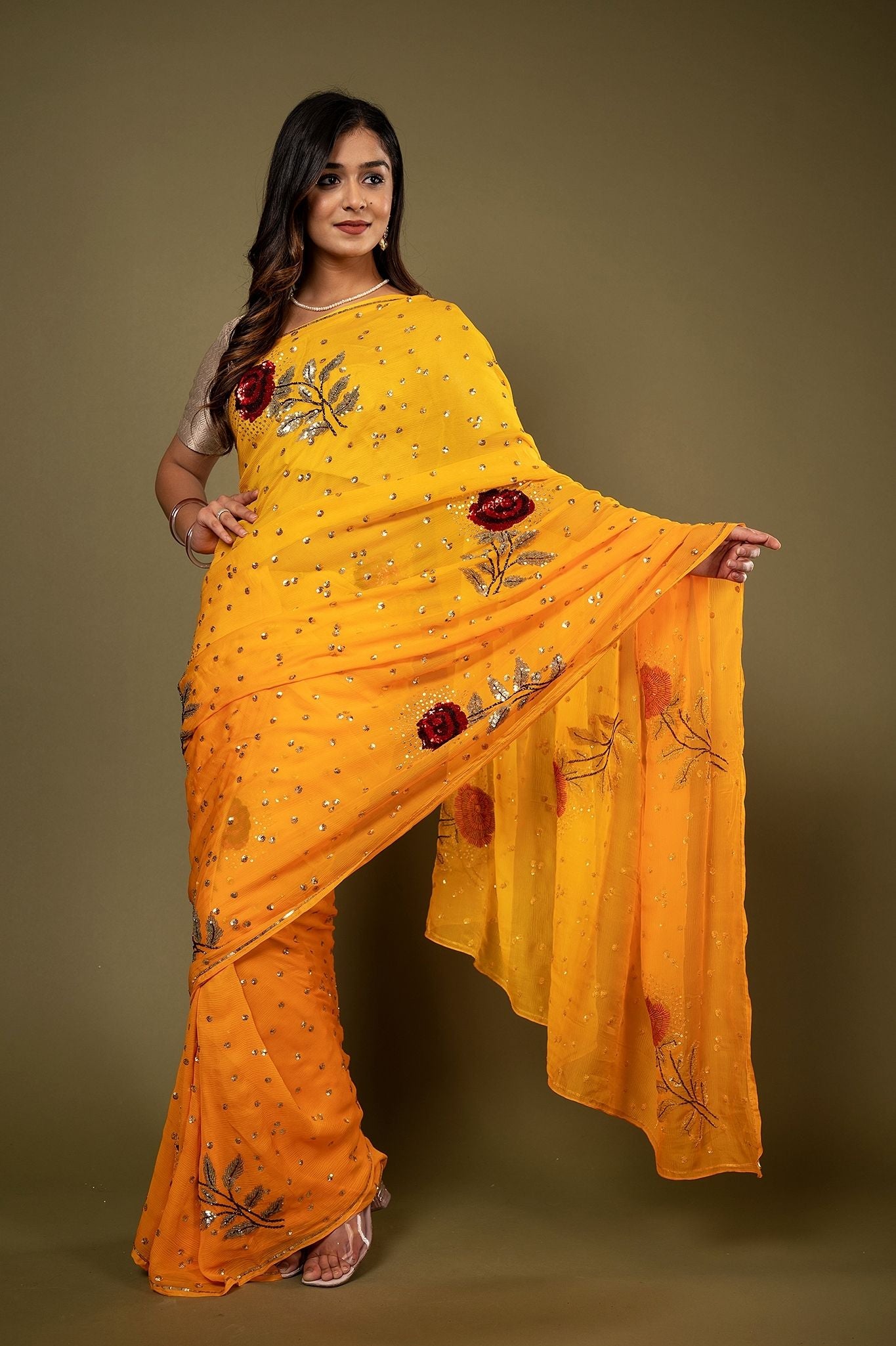 Mustard pure chiffon Sequins kardana motif handwork saree