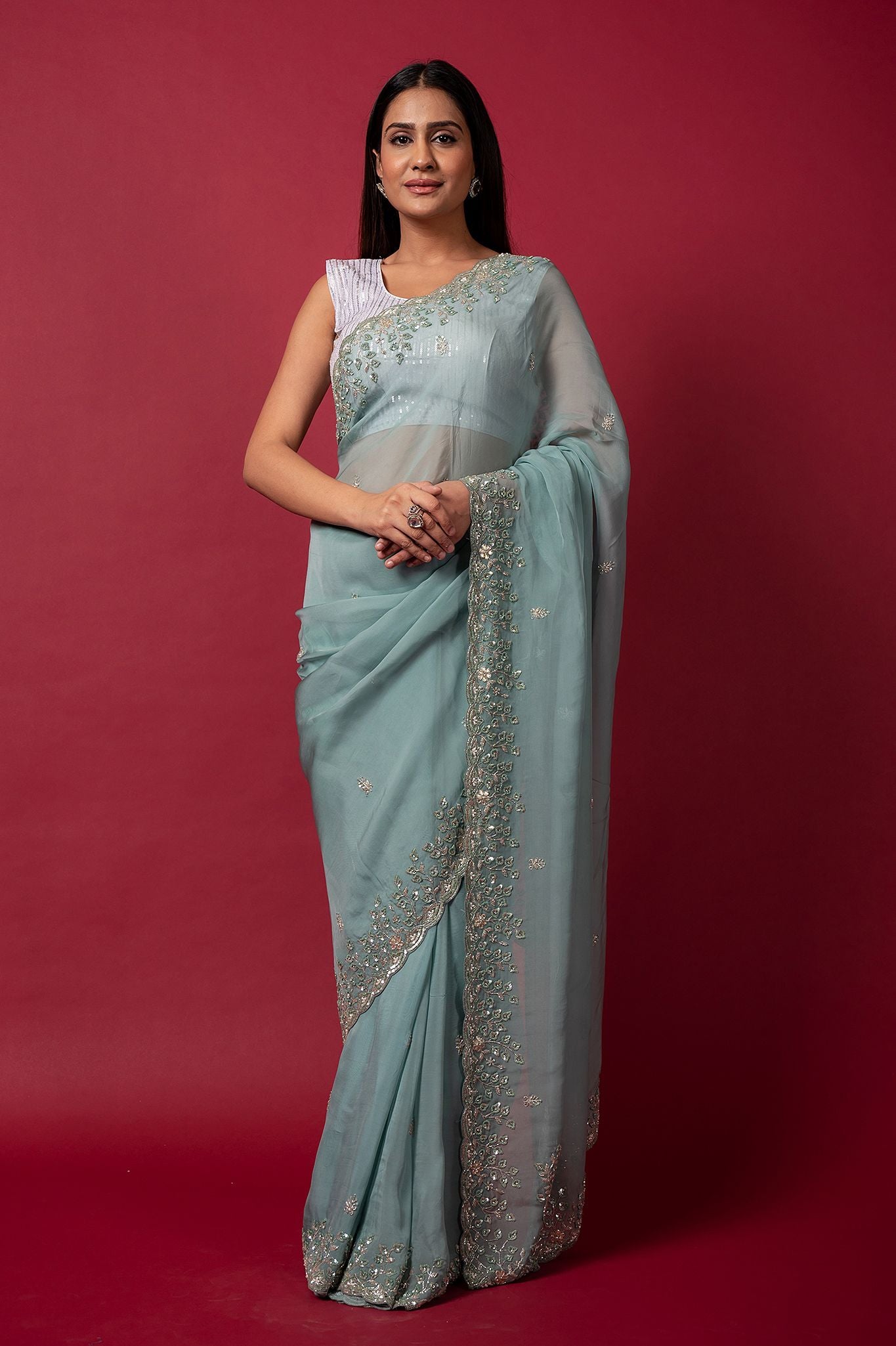 Sea Green Tissue organza sequins kardana handwork saree