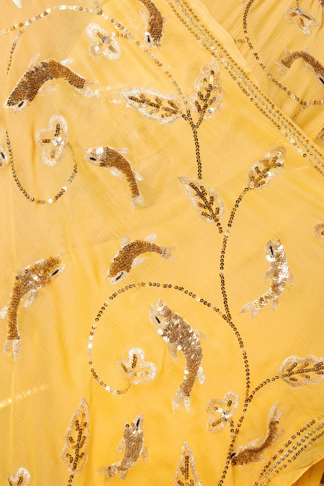 Yellow pure chiffon aari sequins jaal handwork saree