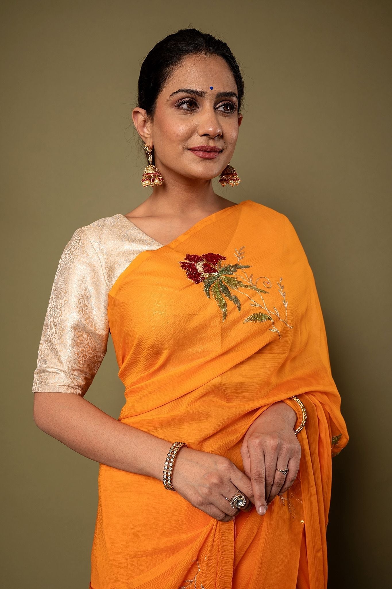 Kesariya yellow Pure Chiffon Aari sequins Motif Handwork Saree