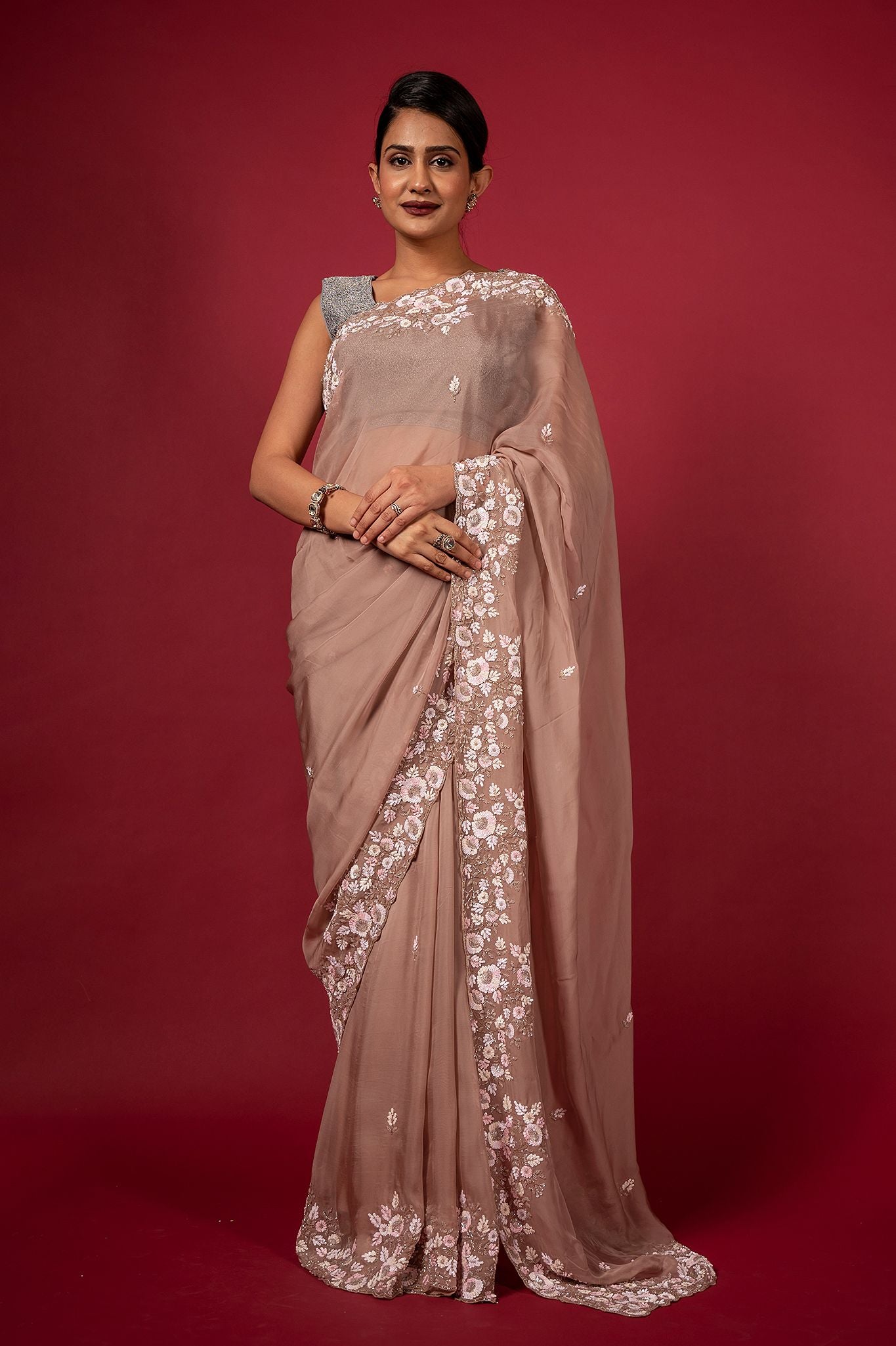 Sand organza sequins kardana handwork saree