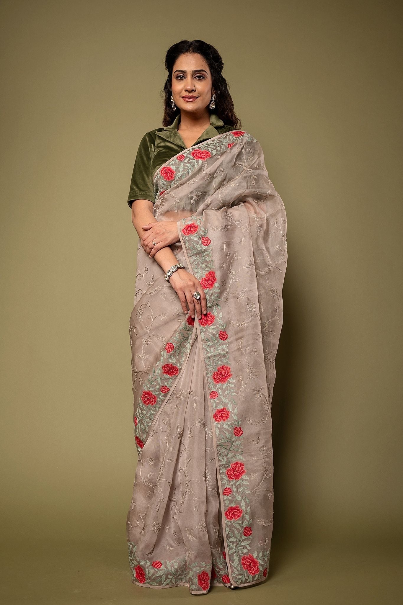 Grey Organza resham border jaal handwork saree