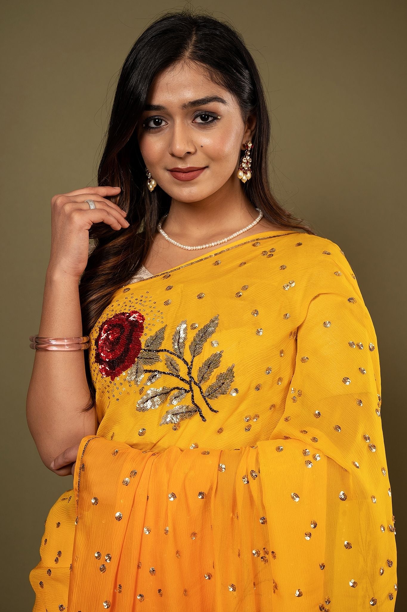 Mustard pure chiffon Sequins kardana motif handwork saree