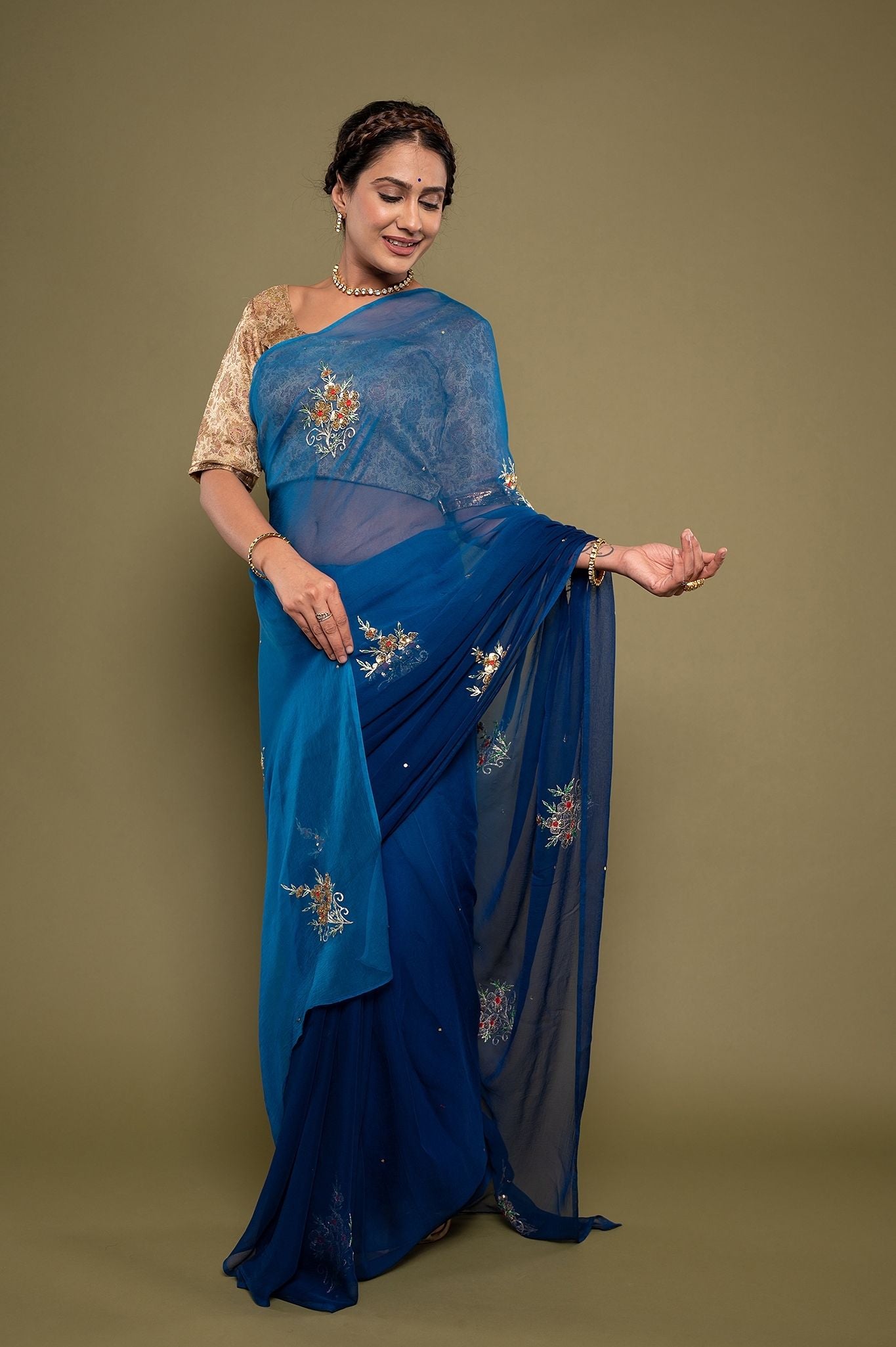 blue viscose chiffon aari sequns handwork saree
