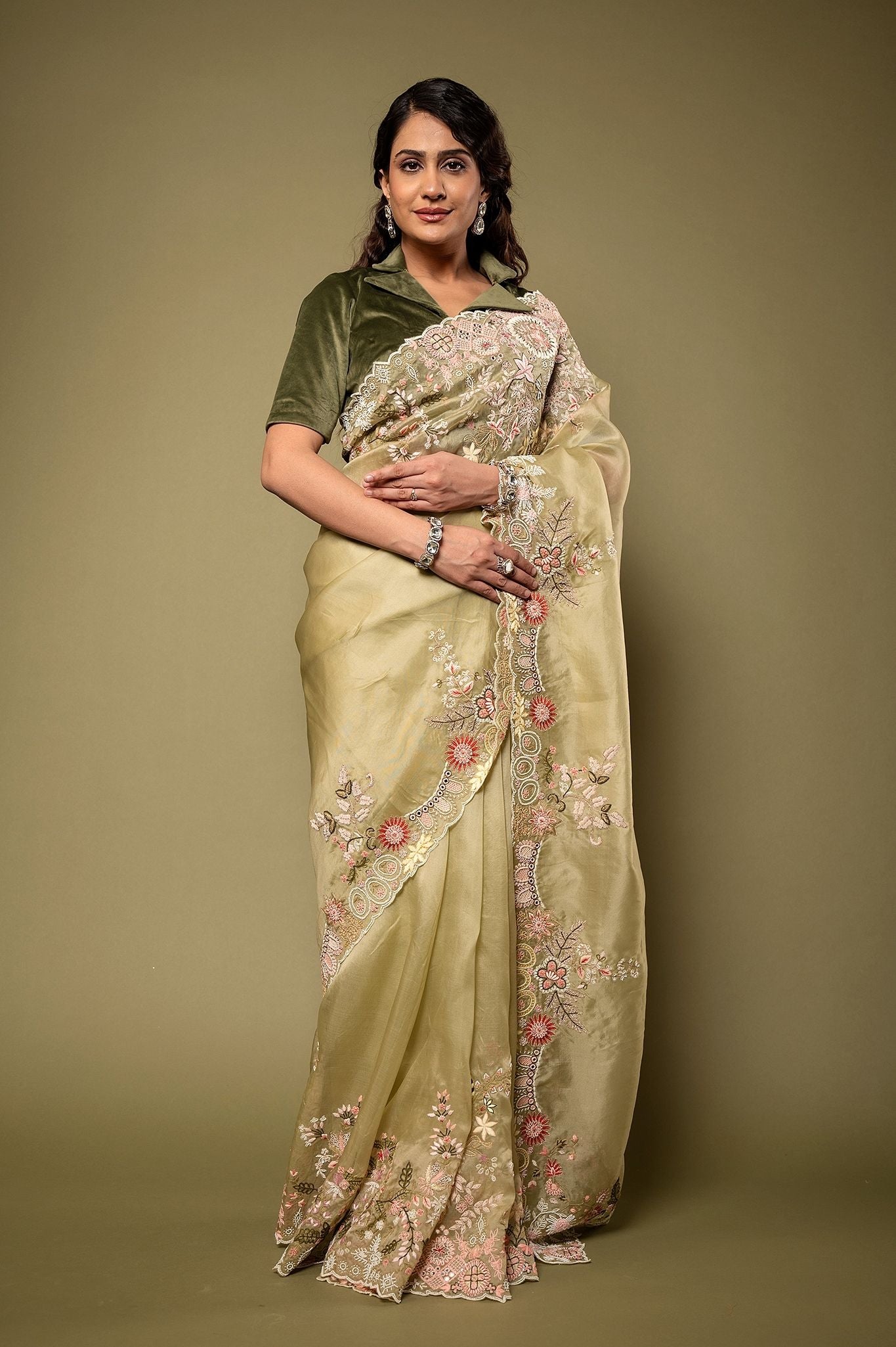 Mint Organza Resham Zardozi border butti handwork saree