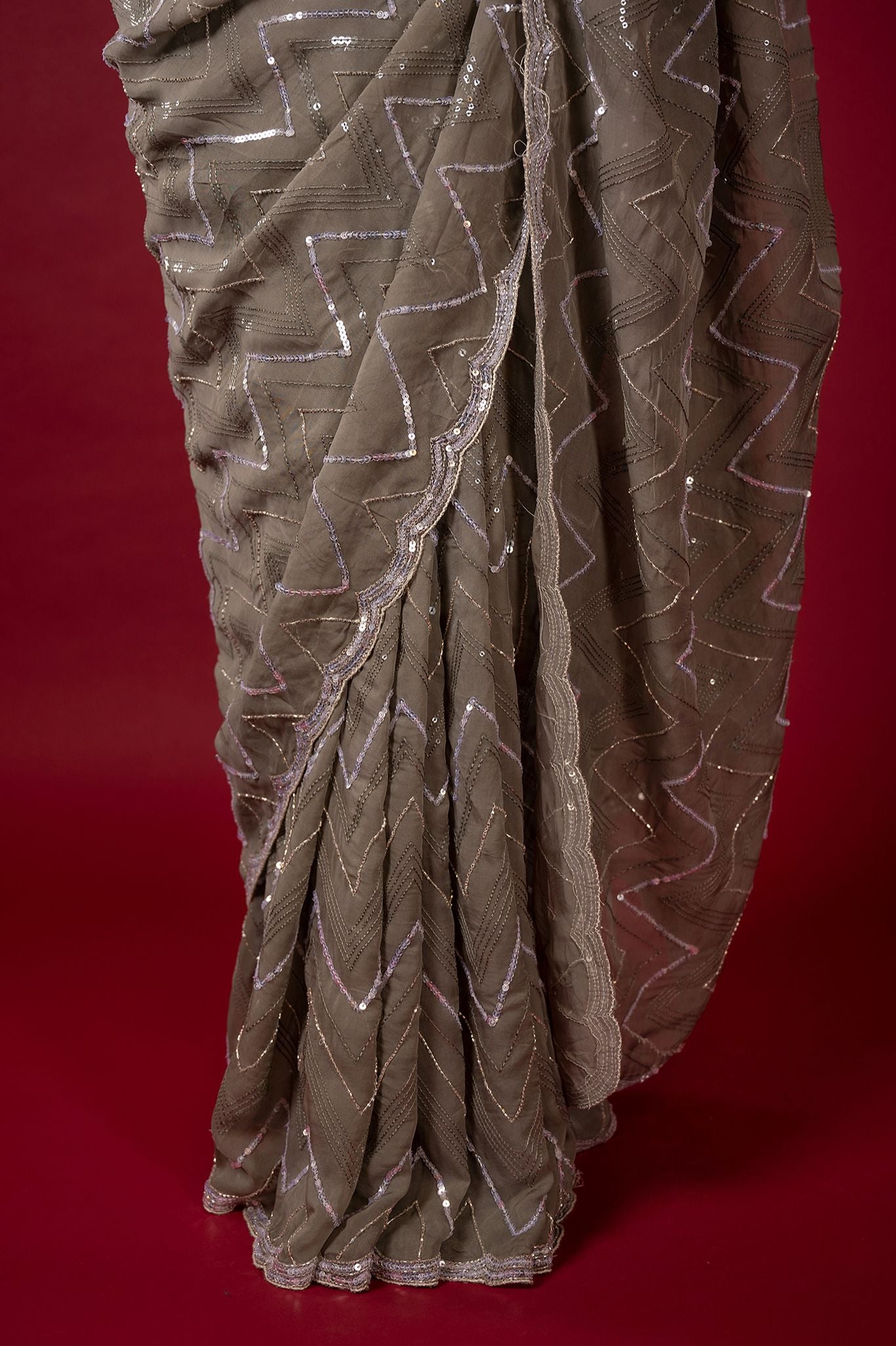 Grey Pure Georgette pearl sequins kardana handwork saree
