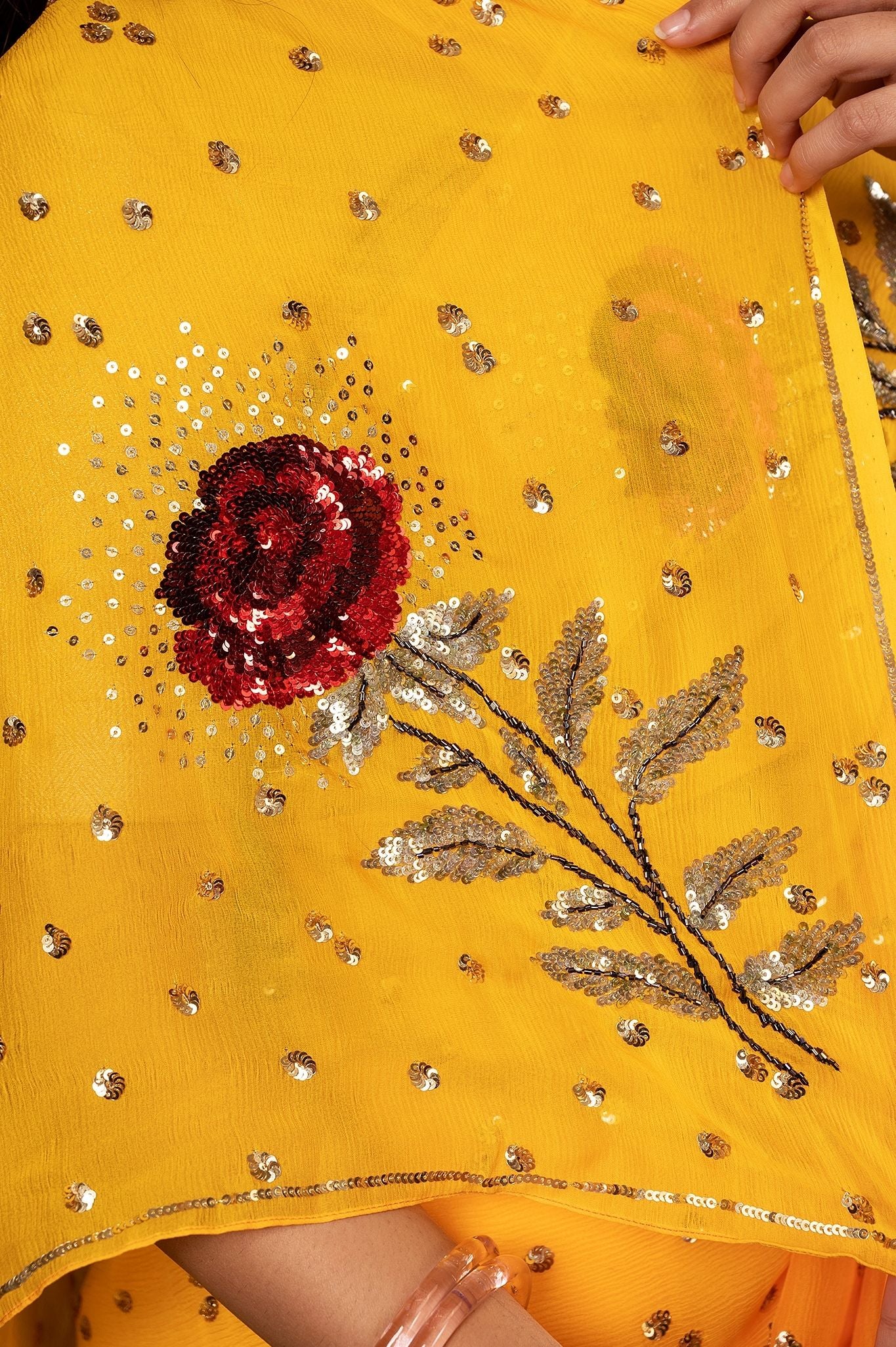 Mustard pure chiffon Sequins kardana motif handwork saree