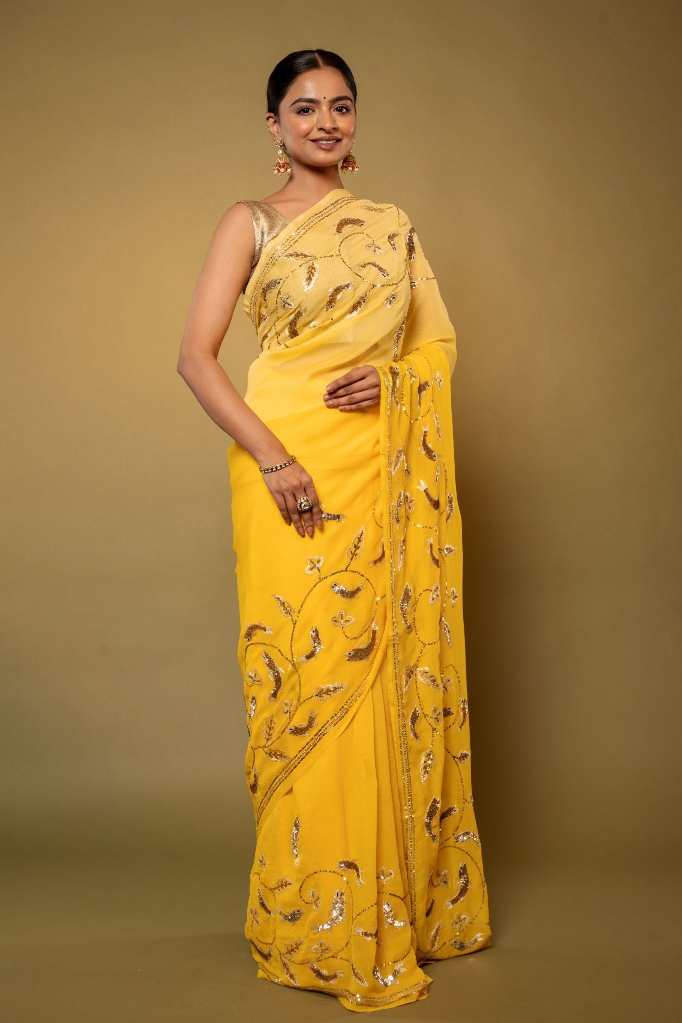 Yellow pure chiffon aari sequins jaal handwork saree