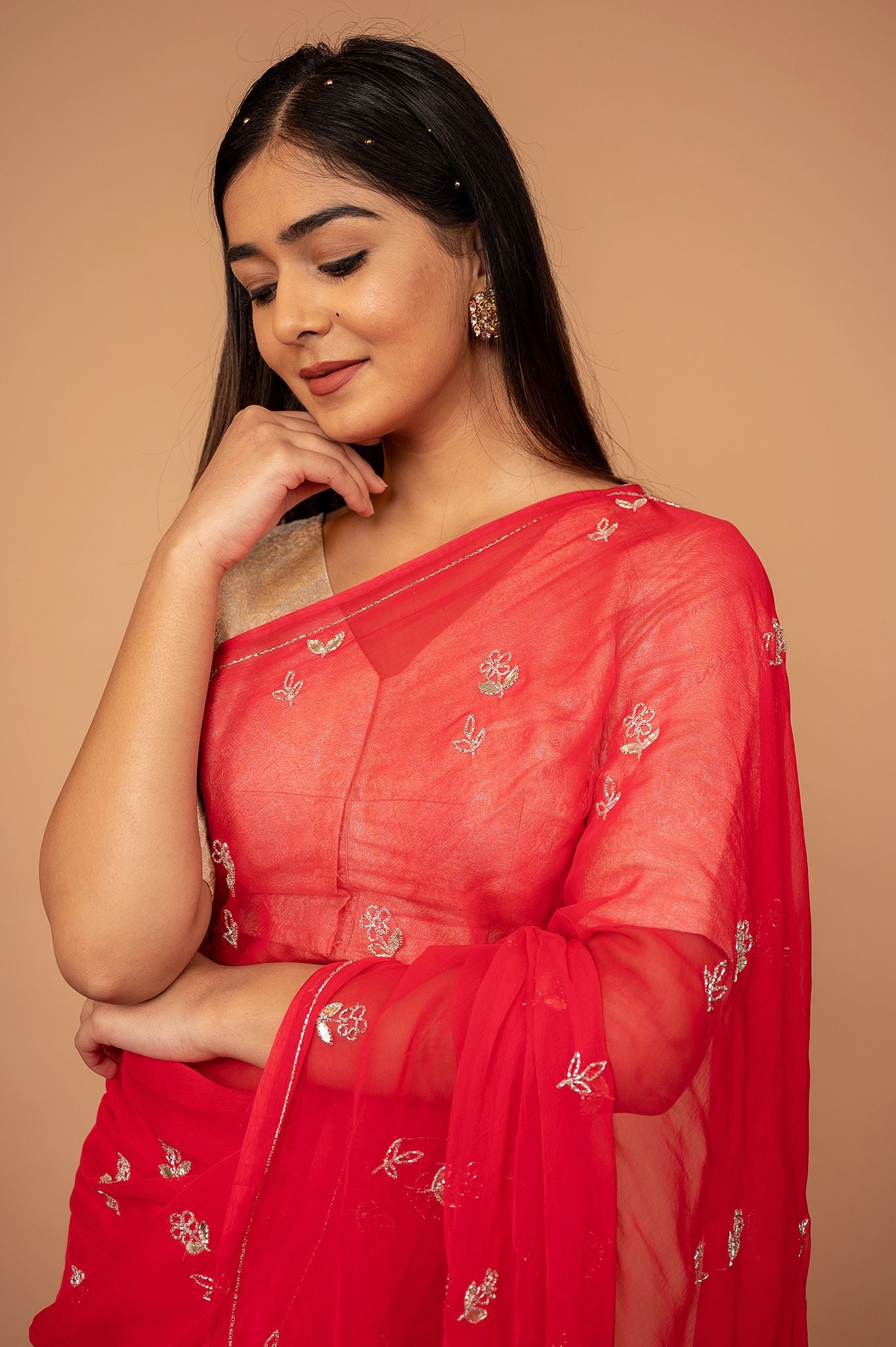 Red Viscose Chiffon Gottapati butti handwork daily wear saree