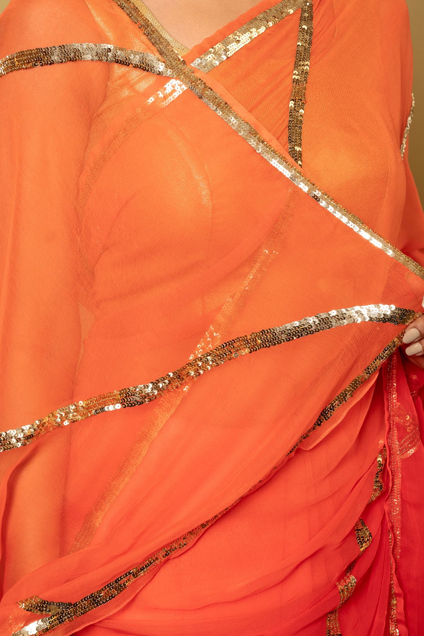 Orange light dark Viscose Chiffon sequins handwork party wear saree